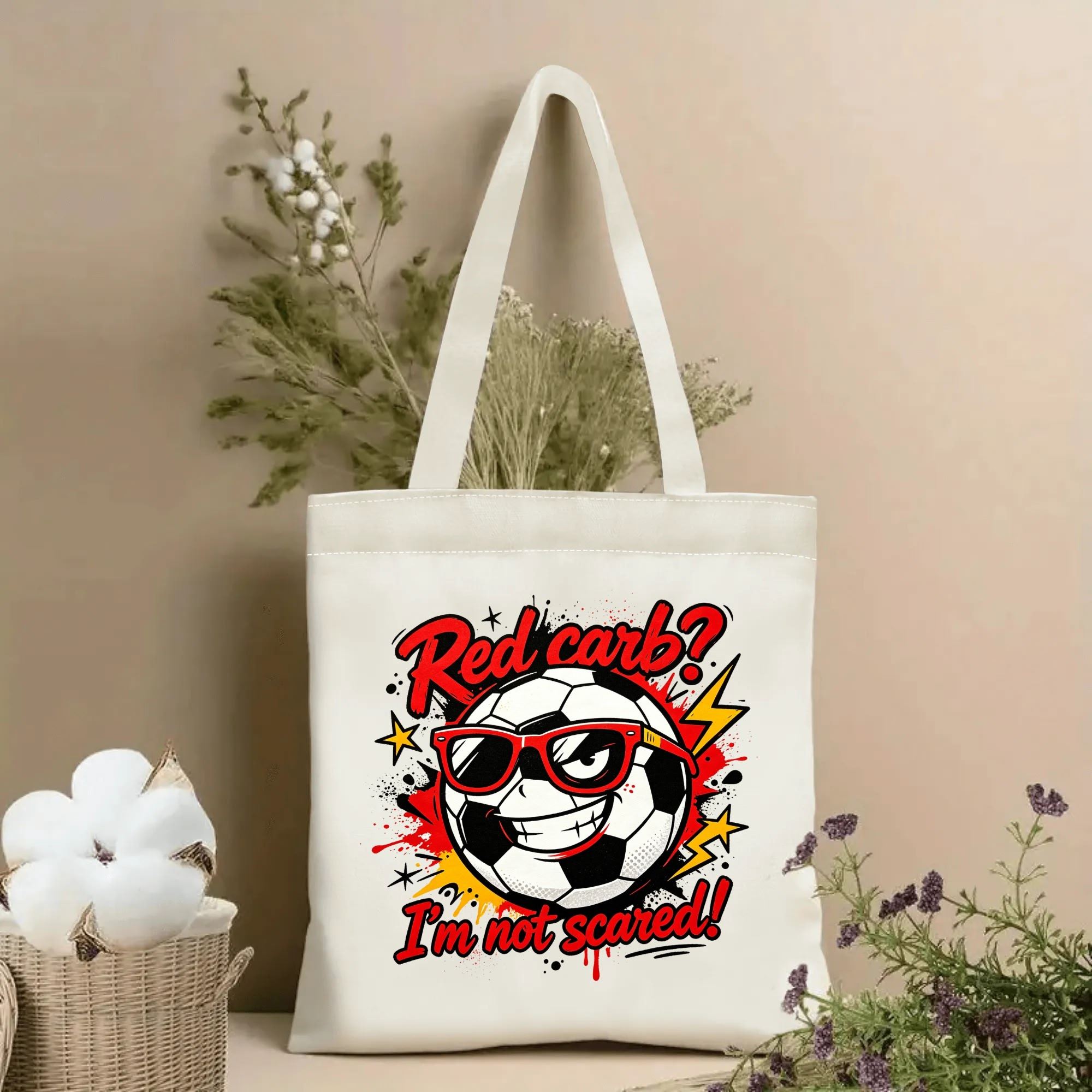 Natural canvas soccer‑themed tote bag featuring a bold street‑graffiti graphic of a cool anthropomorphic soccer‑ball mascot wearing red sunglasses with a cocky grin, lightning‑star accents, paint‑splatter blood‑drip details and the cheeky slogan “Red card? I’m not scared!”, styled with dried flowers for sports‑fan gift display