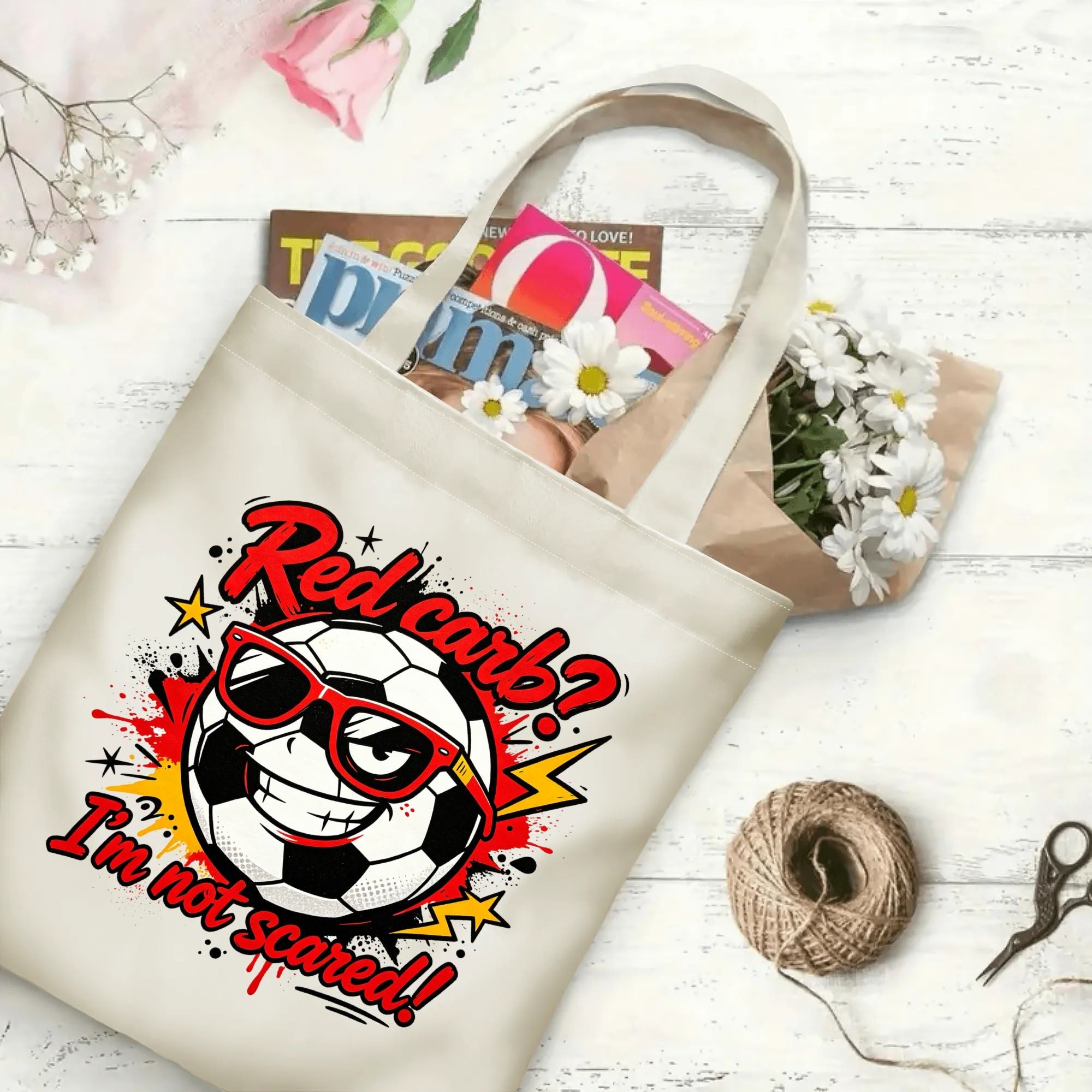Flat‑lay shot of natural canvas novelty football tote bag with edgy pop‑art soccer‑ball character graphic, sassy red‑card‑humor quote and vibrant grunge splash textures, decorated with daisies, ideal casual daily‑wear bag for football fans