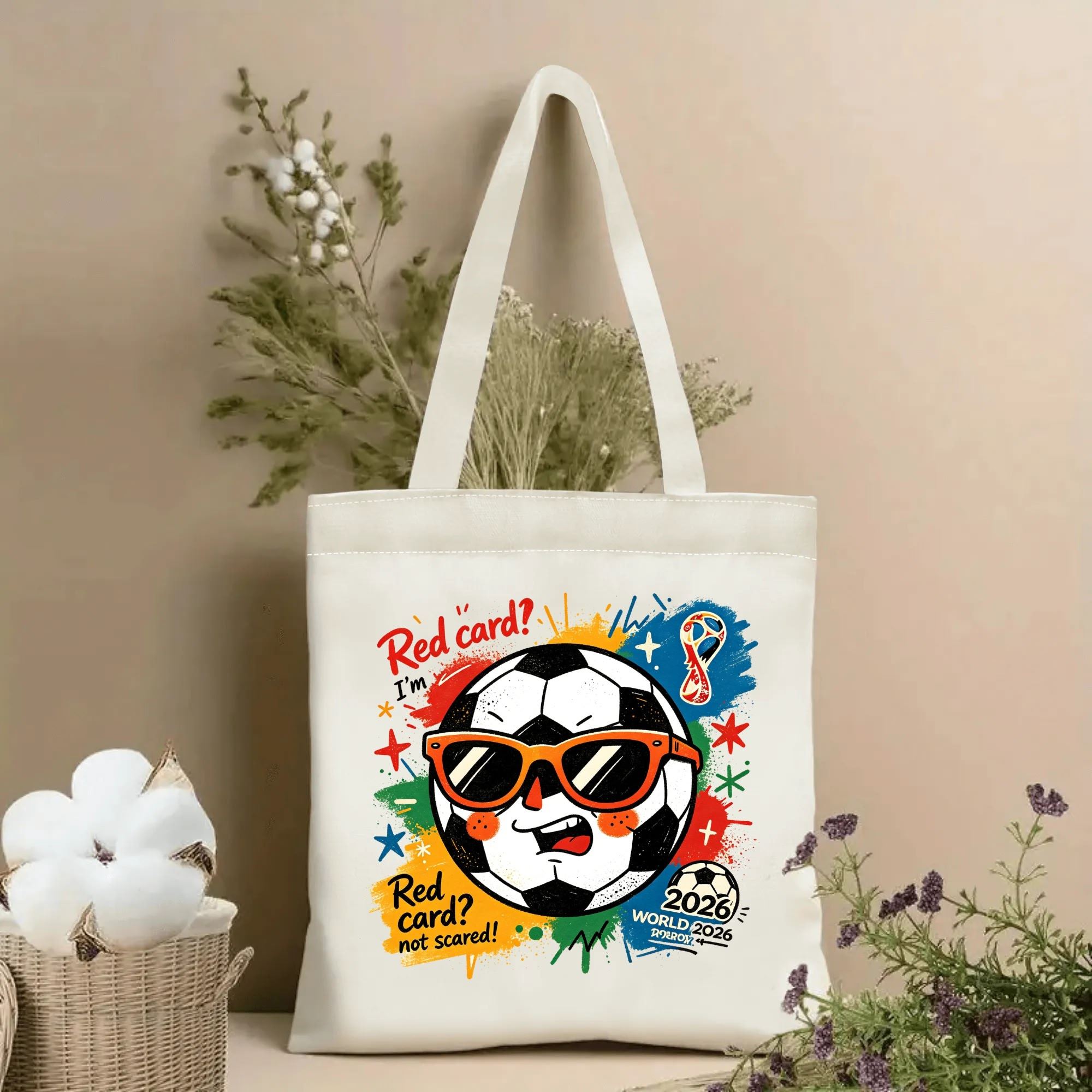 Natural canvas 2026 World Cup‑themed tote bag featuring a vibrant pop‑graffiti graphic of a cool anthropomorphic soccer‑ball mascot wearing orange sunglasses, cheeky “Red card? I’m not scared!” slogan, colorful paint‑splatter star accents and official 2026 World Cup trophy emblem, styled with dried flowers for sports‑fan gift display
