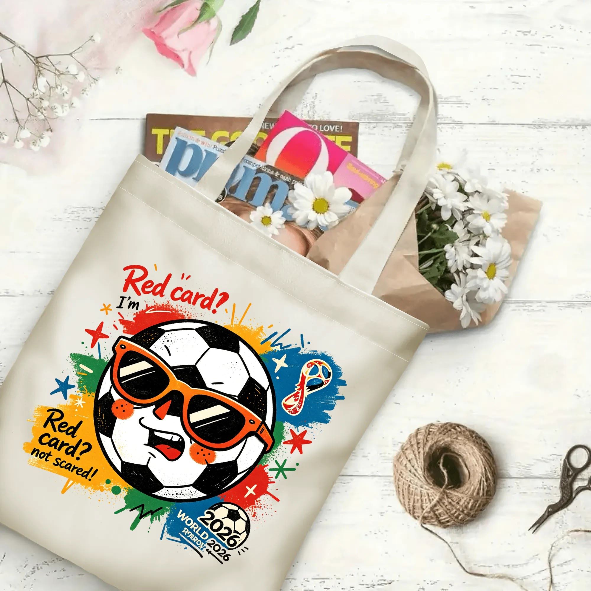 Flat‑lay shot of natural canvas novelty football tote bag with bright playful soccer‑ball character graphic, fun red‑card‑humor quote, multi‑color splash backgrounds and tournament branding, decorated with daisies, ideal casual daily‑wear bag for World Cup fans