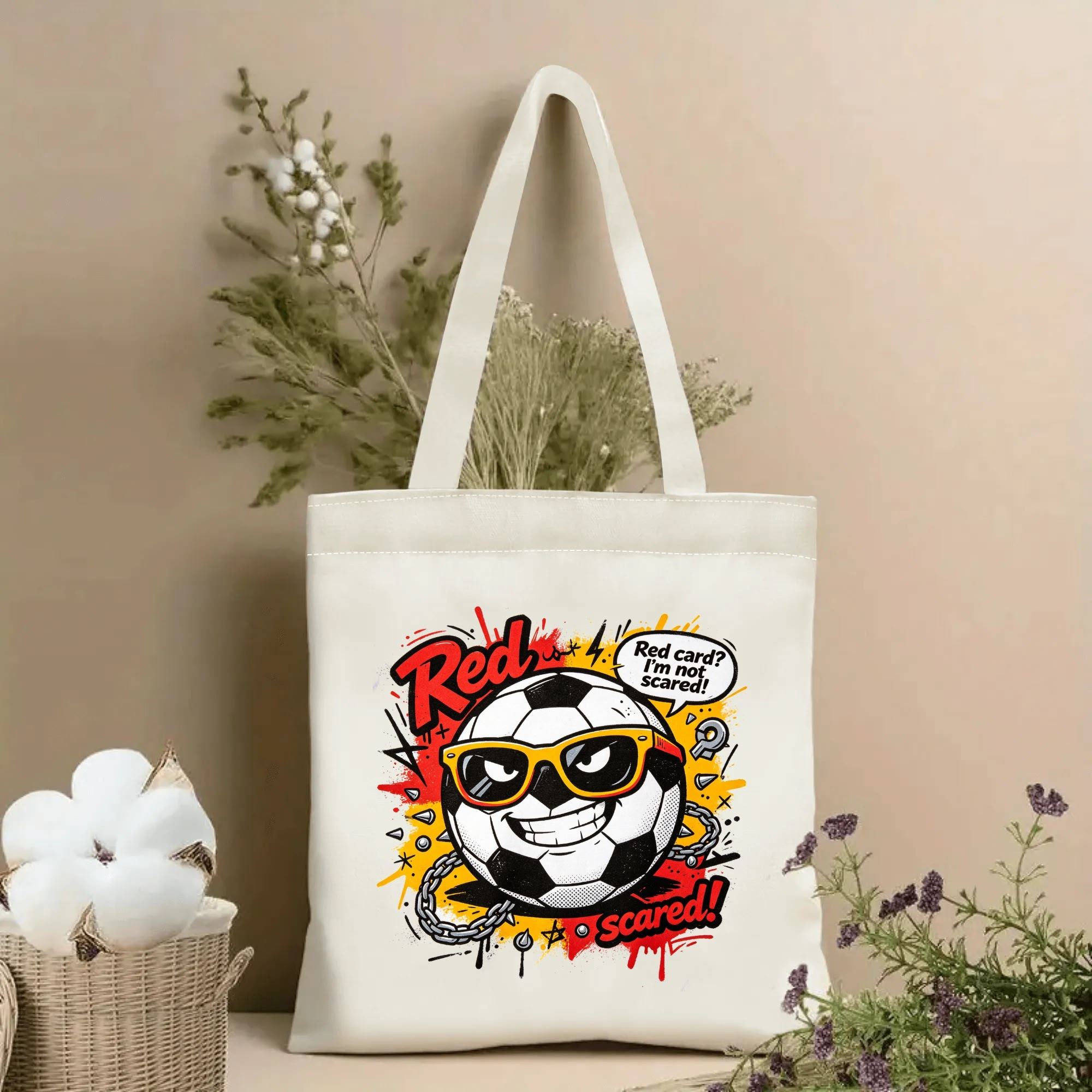 Natural canvas soccer‑themed tote bag featuring an edgy punk‑graffiti graphic of a cocky anthropomorphic soccer‑ball mascot wearing yellow sunglasses, chain‑spike accents, blood‑drip splatter details, and the cheeky speech‑bubble slogan “Red card? I’m not scared!”, styled with dried flowers for sports‑fan gift display
