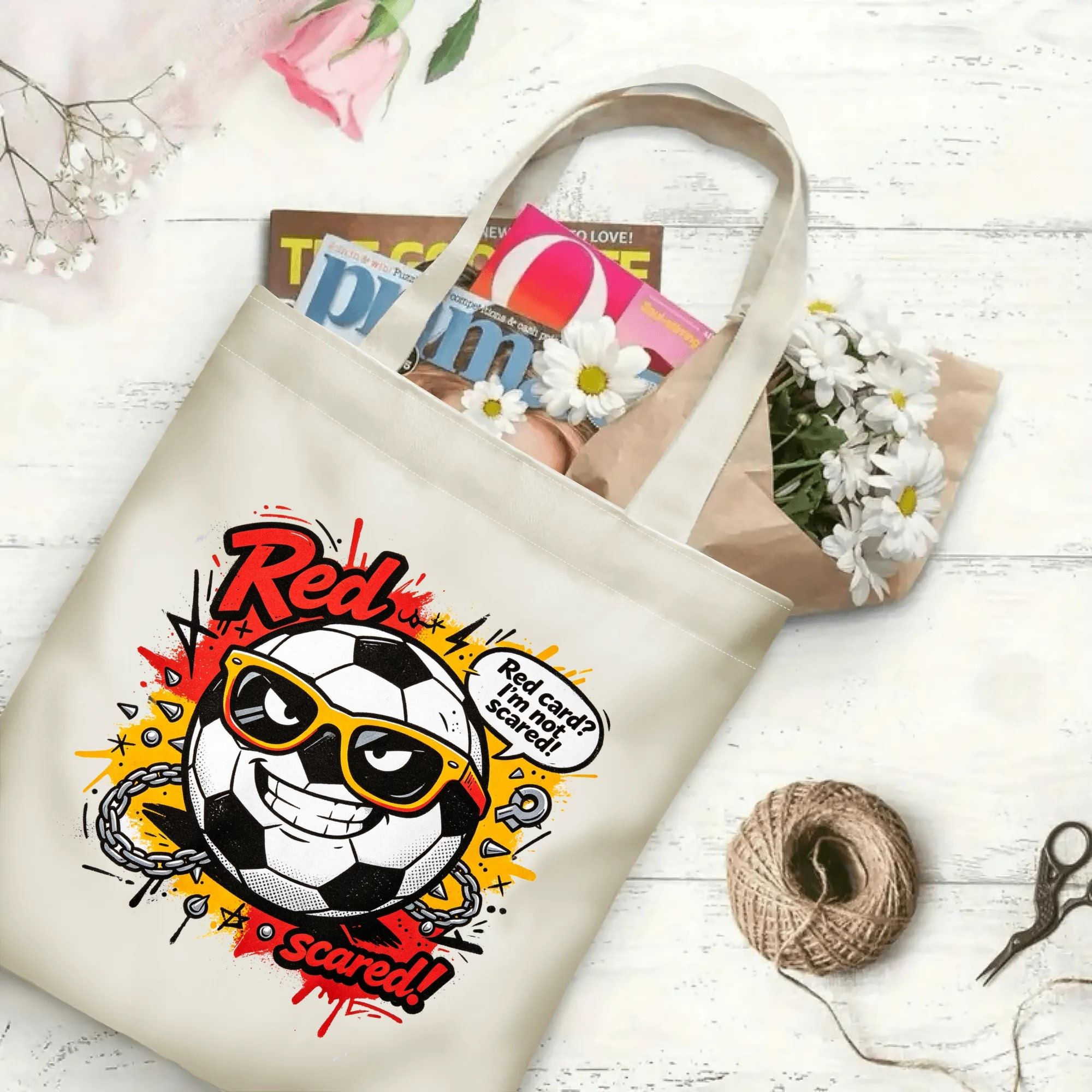 Flat‑lay shot of natural canvas novelty football tote bag with bold street‑art punk soccer‑ball character graphic, rebellious grunge textures and sassy red‑card‑humor quote, decorated with daisies, ideal casual daily‑wear bag for football fans