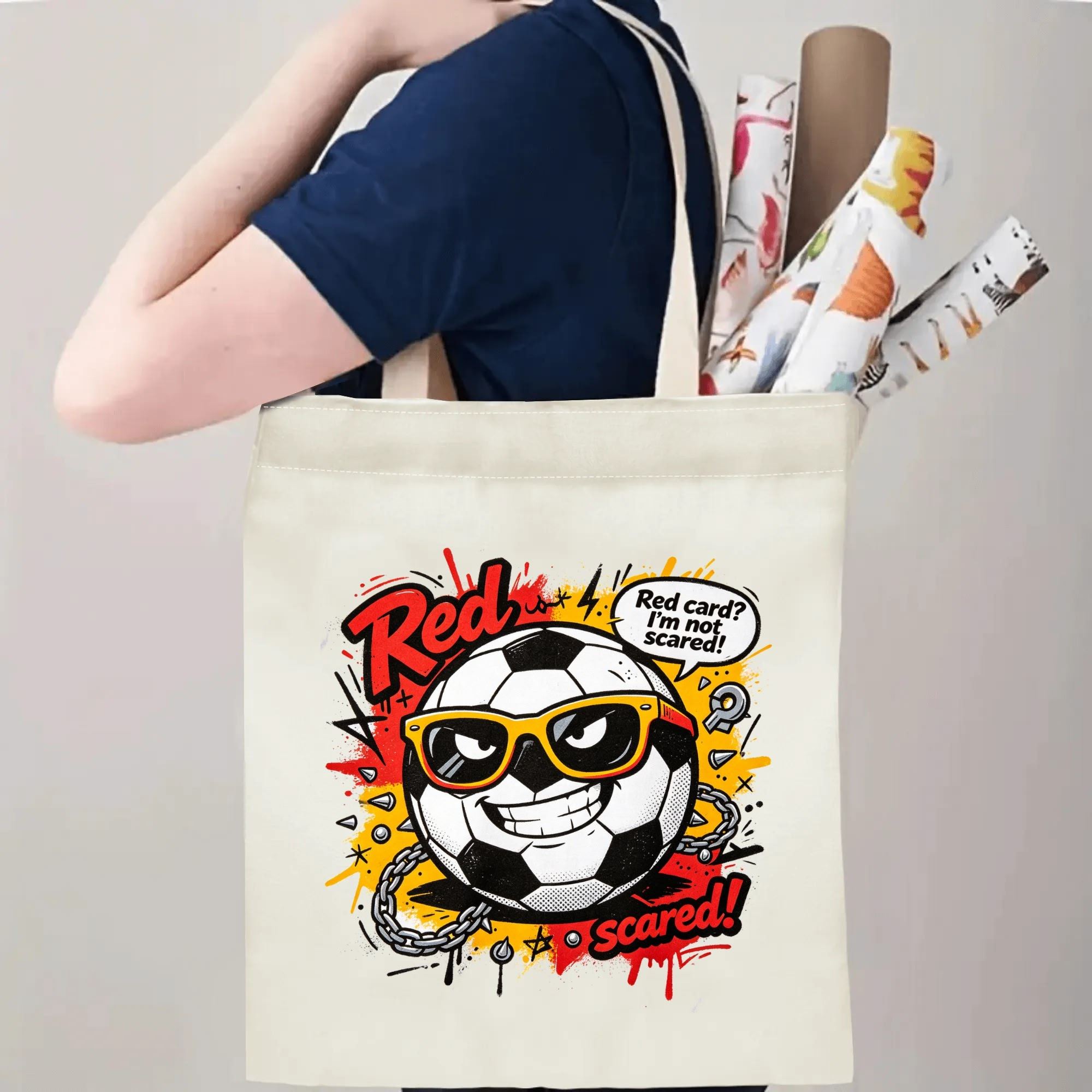 Person carrying natural canvas soccer fan‑gift tote bag with tough punk‑style soccer mascot design, reusable sports accessory for match days, fan events or everyday errands