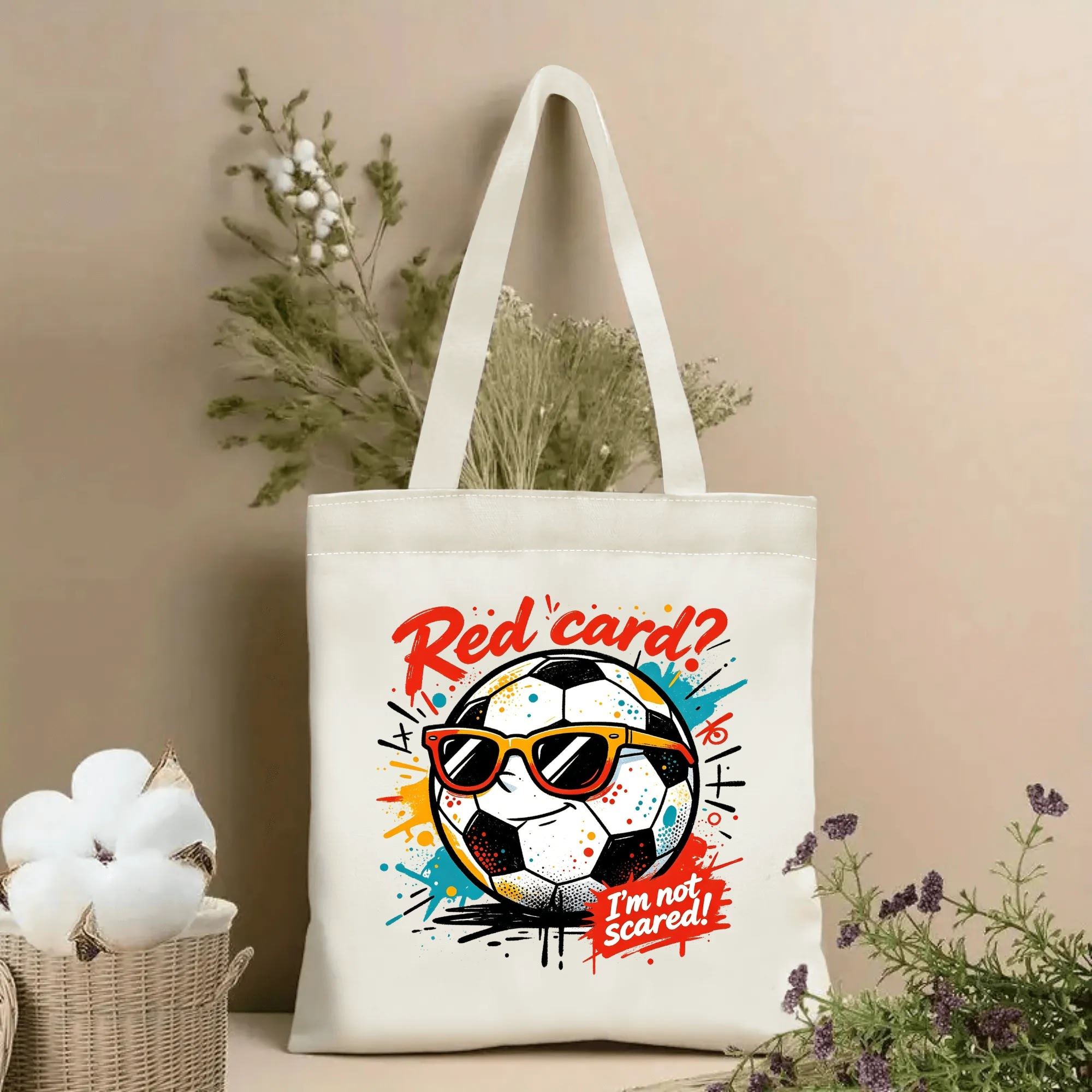 Natural canvas soccer‑themed tote bag featuring a vibrant pop‑graffiti graphic of a smug anthropomorphic soccer‑ball mascot wearing yellow sunglasses, bold red “Red card? I’m not scared!” slogan, and colorful multi‑toned paint‑splatter splash accents, styled with dried flowers for sports‑fan gift display
