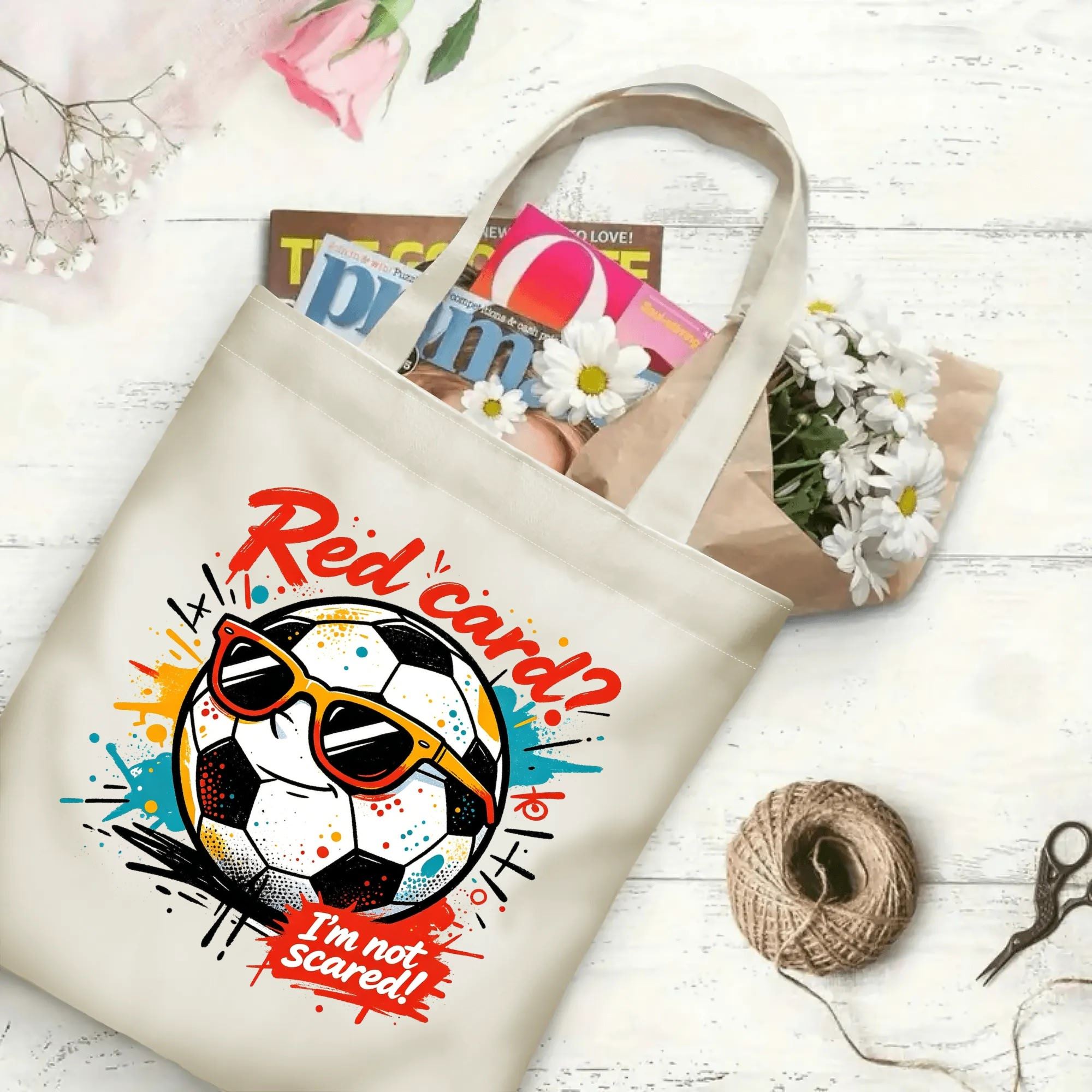 Flat‑lay shot of natural canvas novelty football tote bag with bright street‑art soccer‑ball character graphic, playful red‑card‑humor quote and lively grunge splash textures, decorated with daisies, ideal casual daily‑wear bag for football fans