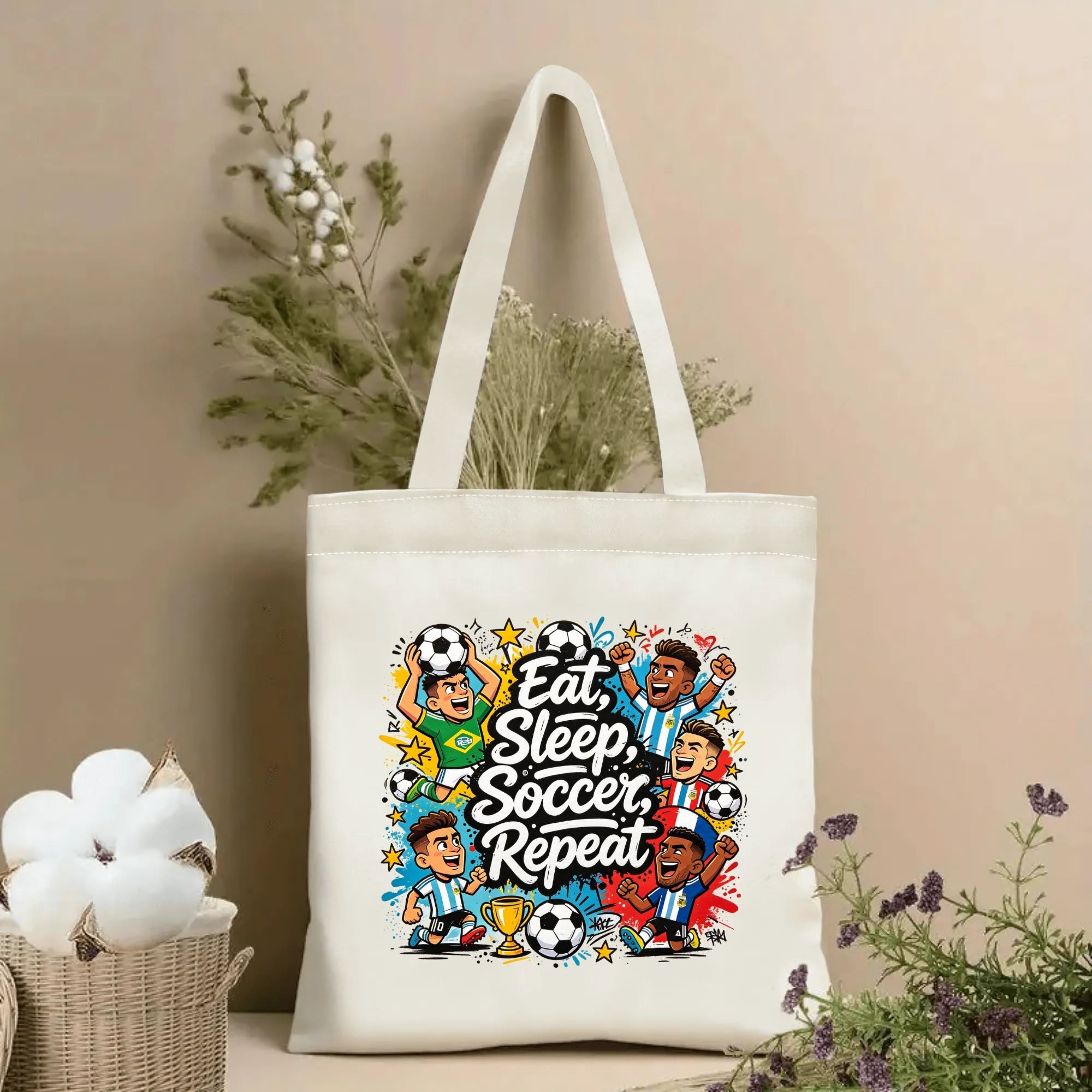 Natural canvas 2026 World Cup‑themed tote bag featuring a vibrant pop‑cartoon graphic of cheering Brazil and Argentina national team soccer players, golden trophy, soccer balls, star accents, colorful paint‑splatter backgrounds and bold hand‑lettered slogan “Eat, Sleep, Soccer, Repeat”, styled with dried flowers for sports‑fan gift display