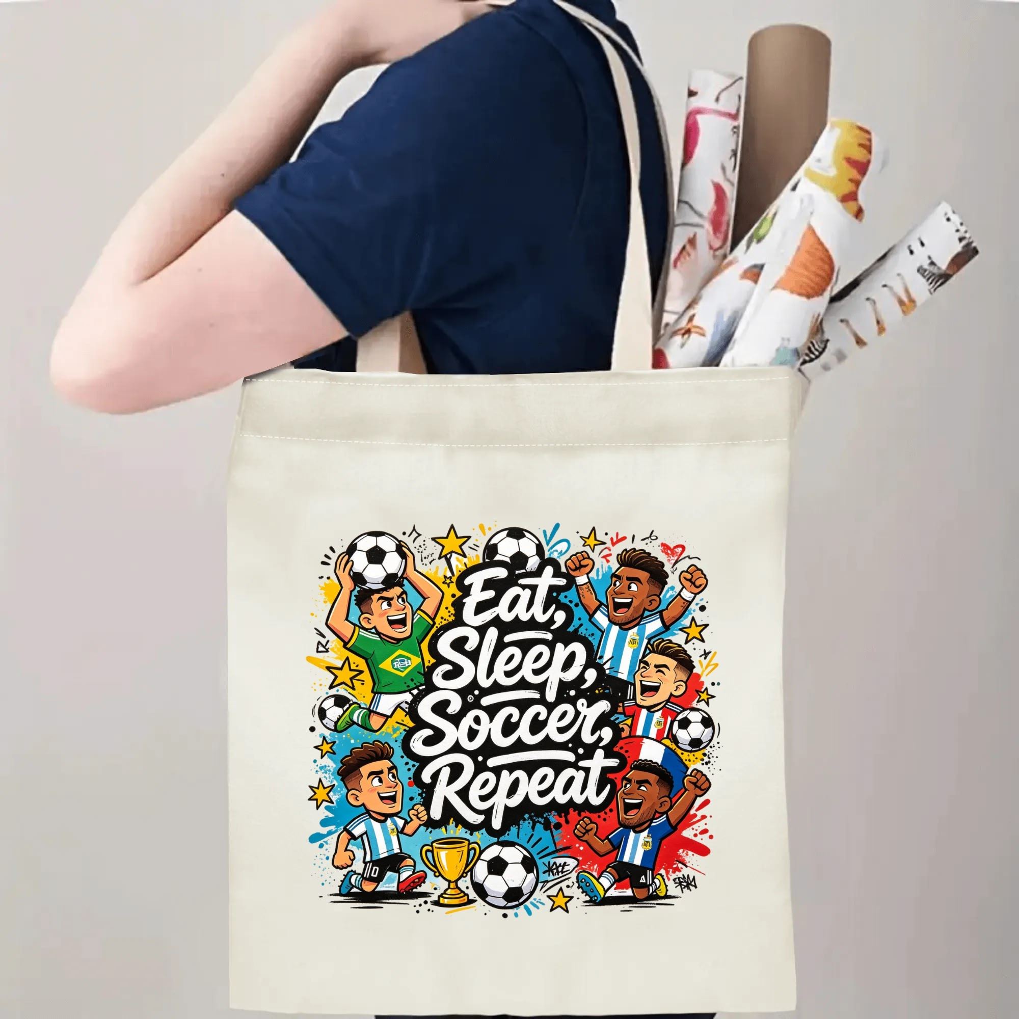 Person carrying natural canvas 2026 World Cup fan‑gift tote bag with energetic street‑cartoon soccer celebration design, reusable sports accessory for tournament viewing, fan events or everyday errands