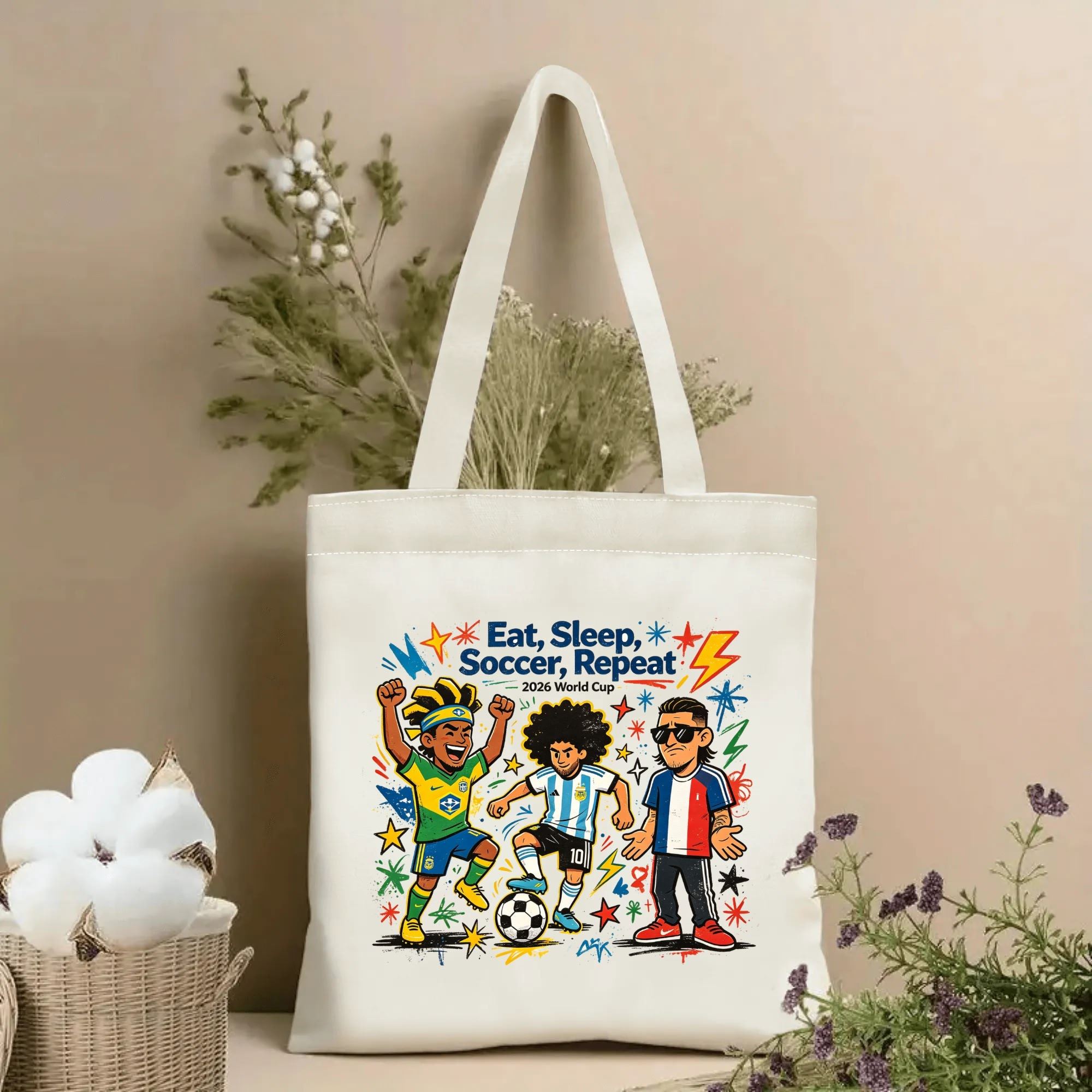 Natural canvas 2026 World Cup‑themed tote bag featuring a vibrant pop‑cartoon graphic of iconic soccer players in Brazil, Argentina and France national team kits, playful star‑lightning splash accents, soccer ball and bold hand‑lettered slogan “Eat, Sleep, Soccer, Repeat” with “2026 World Cup” branding, styled with dried flowers for sports‑fan gift display