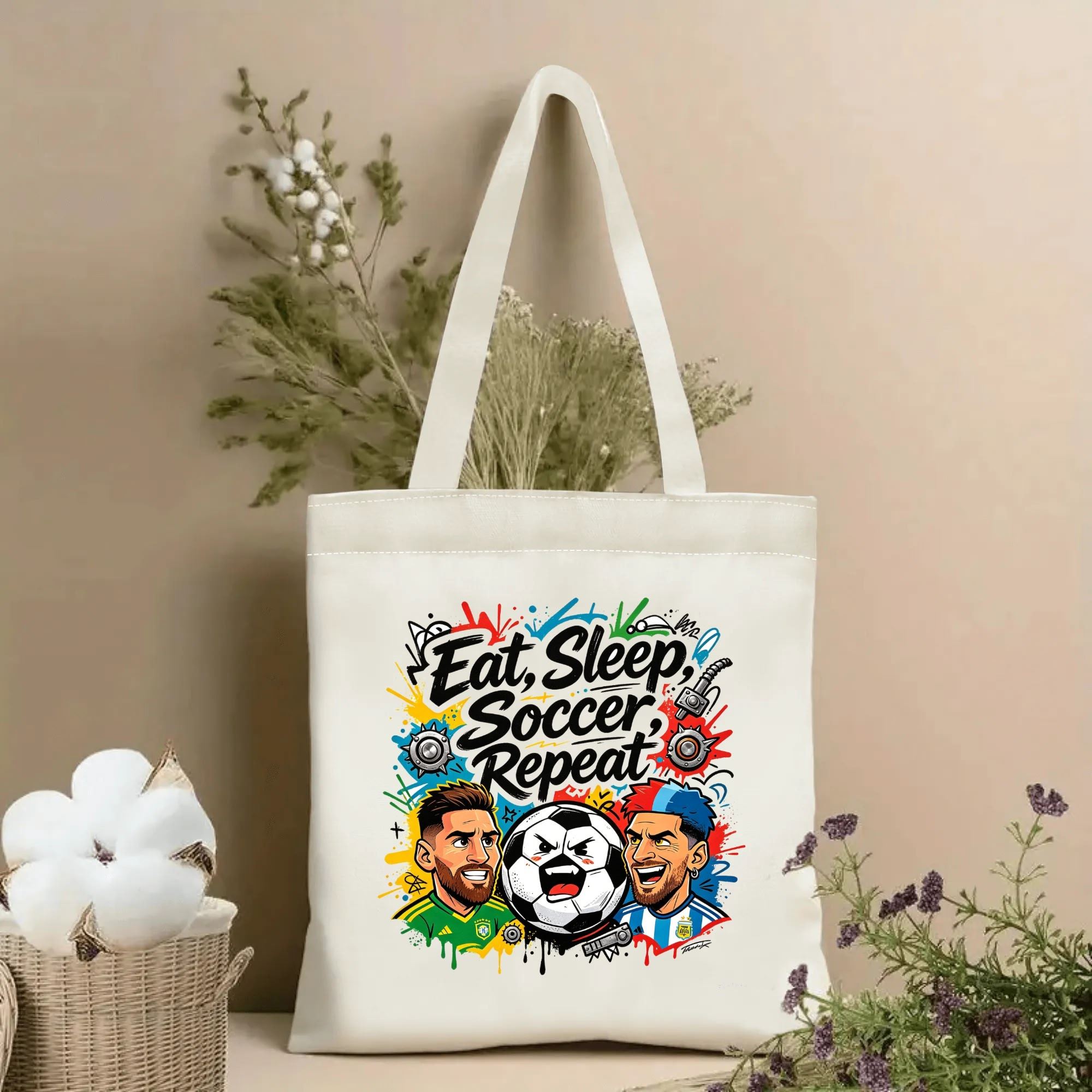 Natural canvas soccer‑themed tote bag featuring an edgy punk‑graffiti graphic of cartoon Brazil and Argentina soccer stars, an angry anthropomorphic soccer‑ball mascot, spiked‑gear accents, colorful paint‑splatter drip backgrounds and bold hand‑lettered slogan “Eat, Sleep, Soccer, Repeat”, styled with dried flowers for sports‑fan gift display