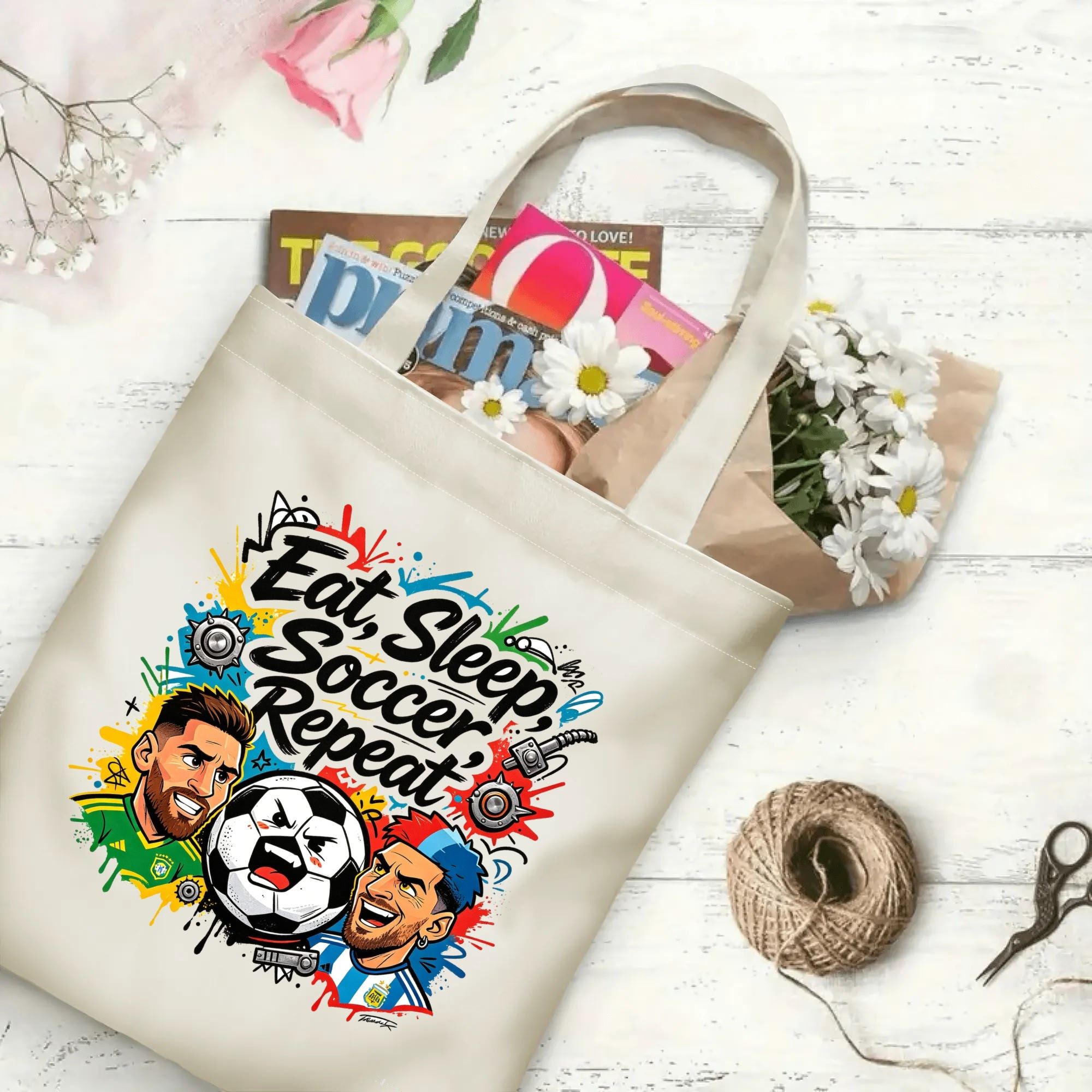 Flat‑lay shot of natural canvas novelty football tote bag with bold street‑art punk soccer graphic, tough‑guy player caricatures, fierce soccer‑ball character and fun lifestyle quote, decorated with daisies, ideal casual daily‑wear bag for football fans