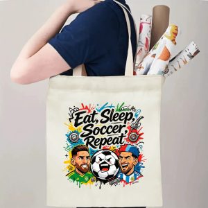 Person carrying natural canvas soccer fan‑gift tote bag with rebellious grunge street‑cartoon soccer star design, reusable sports accessory for match days, fan events or everyday errands