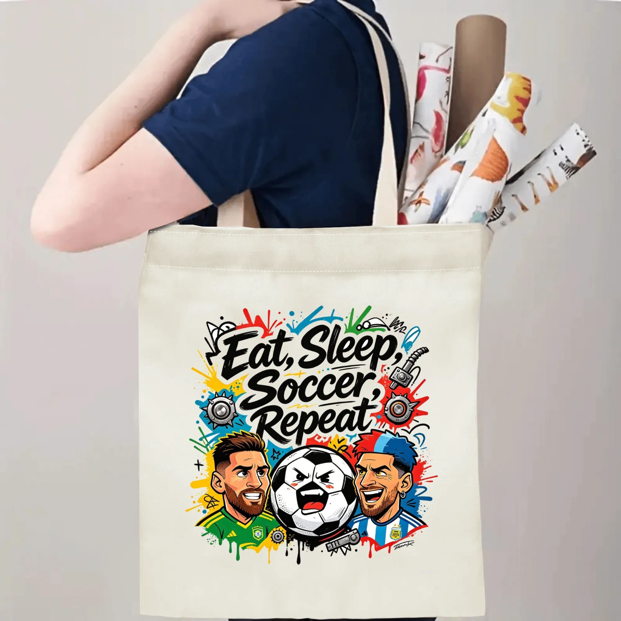 Person carrying natural canvas soccer fan‑gift tote bag with rebellious grunge street‑cartoon soccer star design, reusable sports accessory for match days, fan events or everyday errands