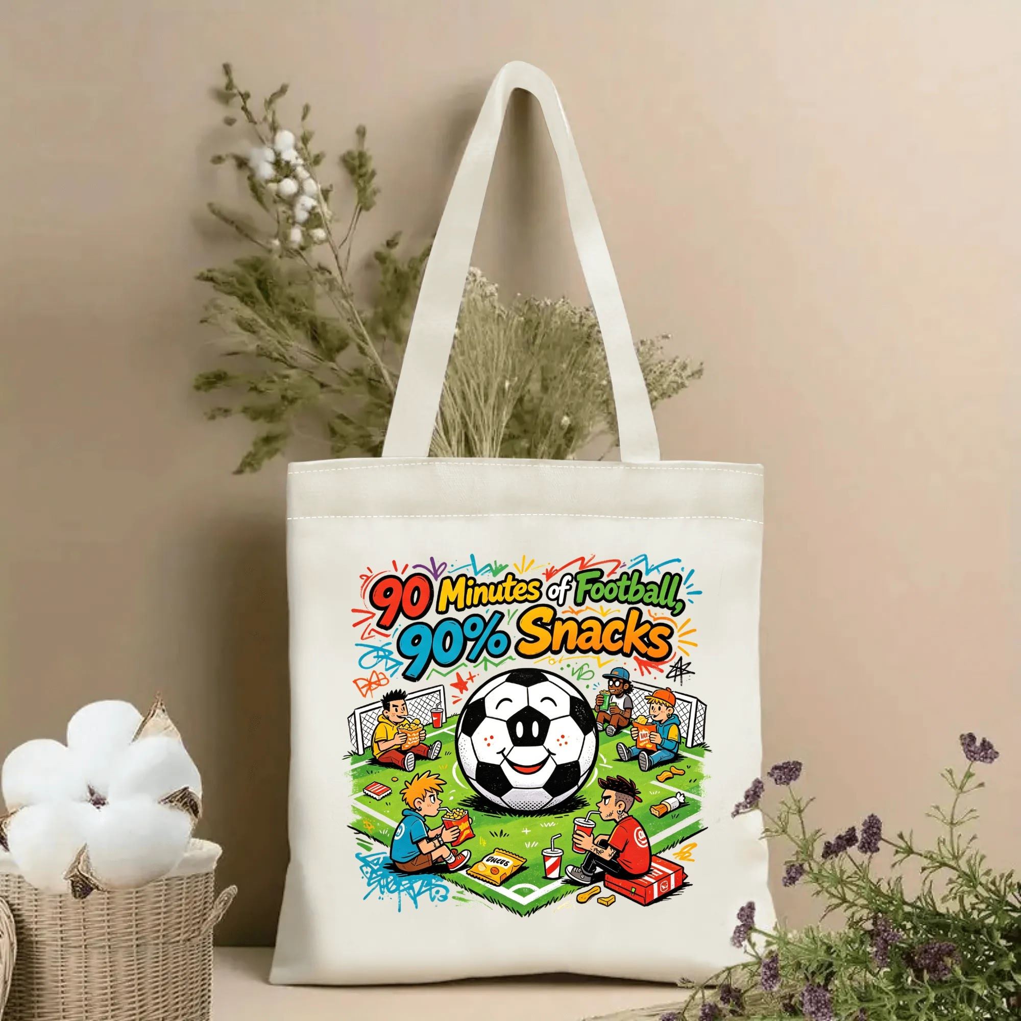 Natural canvas soccer‑themed tote bag featuring a vibrant pop‑cartoon graphic of a smiling anthropomorphic soccer‑ball mascot, diverse fans hanging out on a pitch enjoying snacks and drinks, colorful graffiti‑style doodle accents, and the witty hand‑lettered slogan “90 Minutes of Football, 90% Snacks”, styled with dried flowers for sports‑fan gift display
