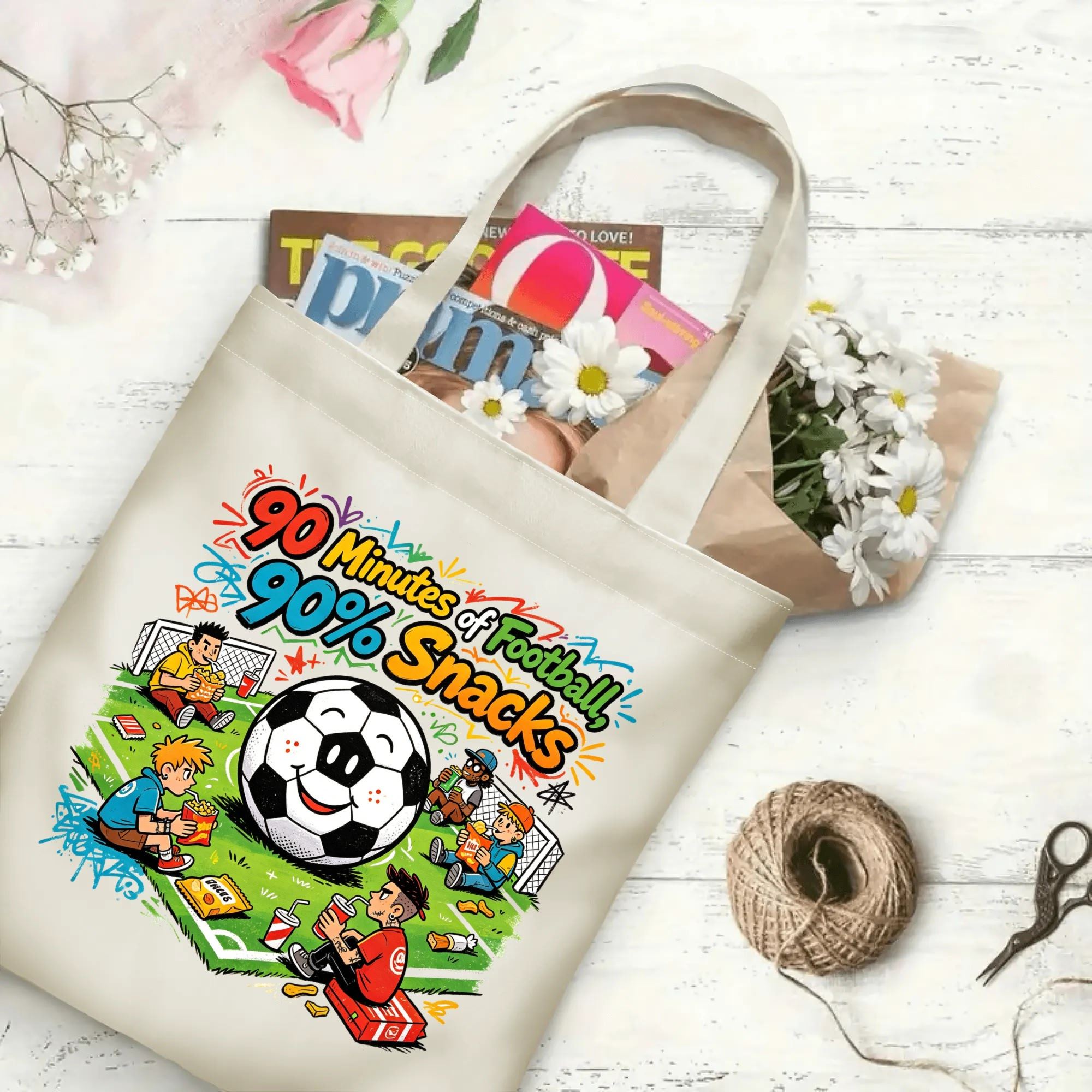 Flat‑lay shot of natural canvas novelty football tote bag with lively fan‑snack‑themed soccer graphic, playful food‑and‑football humor quote, bright splash‑style details and casual fan‑culture illustration, decorated with daisies, ideal casual daily‑wear bag for football fans