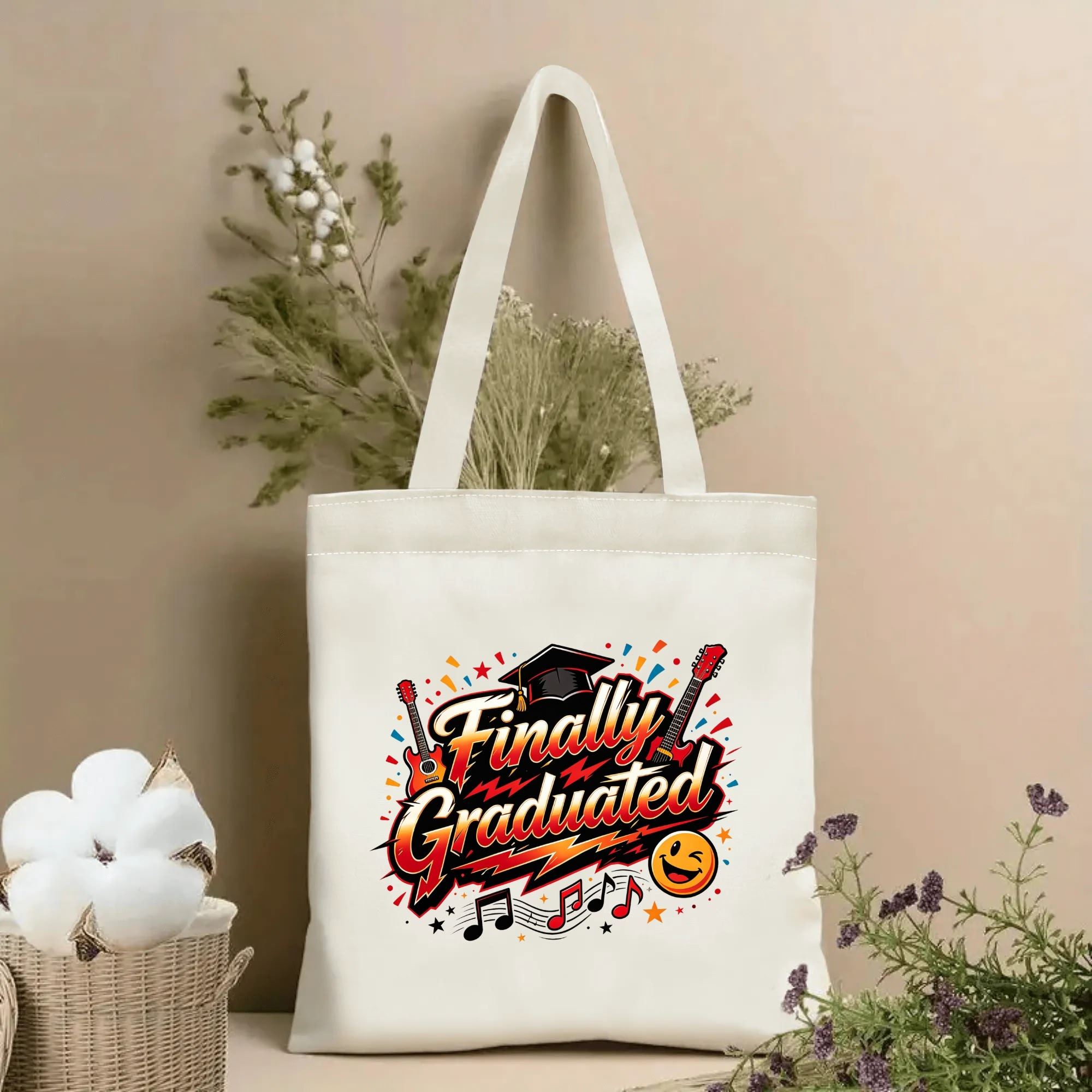 Natural canvas tote bag with “Finally Graduated” print, featuring electric guitars, graduation cap, music notes, smiley face, and star accents.