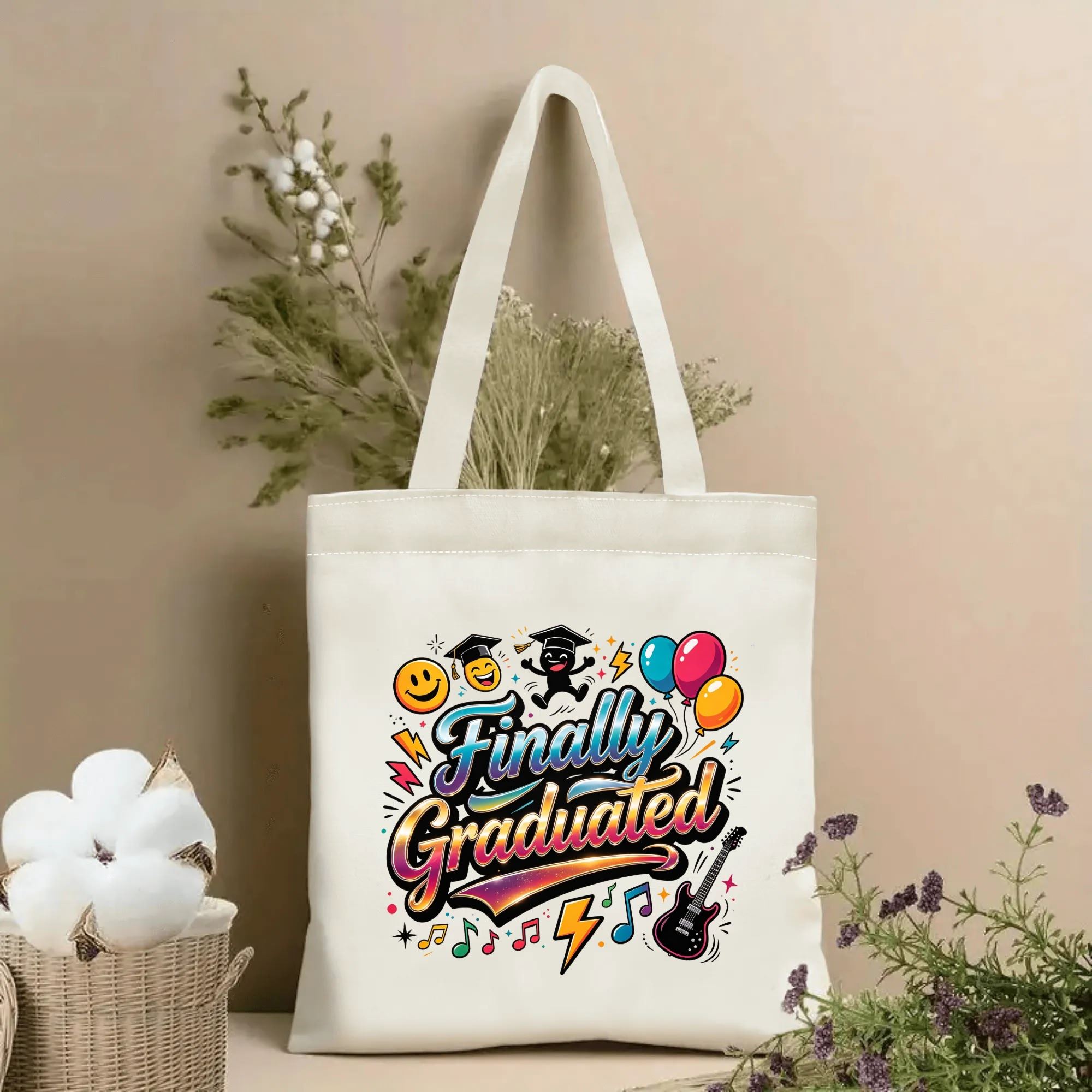“Finally Graduated” canvas tote bag in use, holding books, flowers, and gifts, showcasing its festive design with colorful celebration elements.