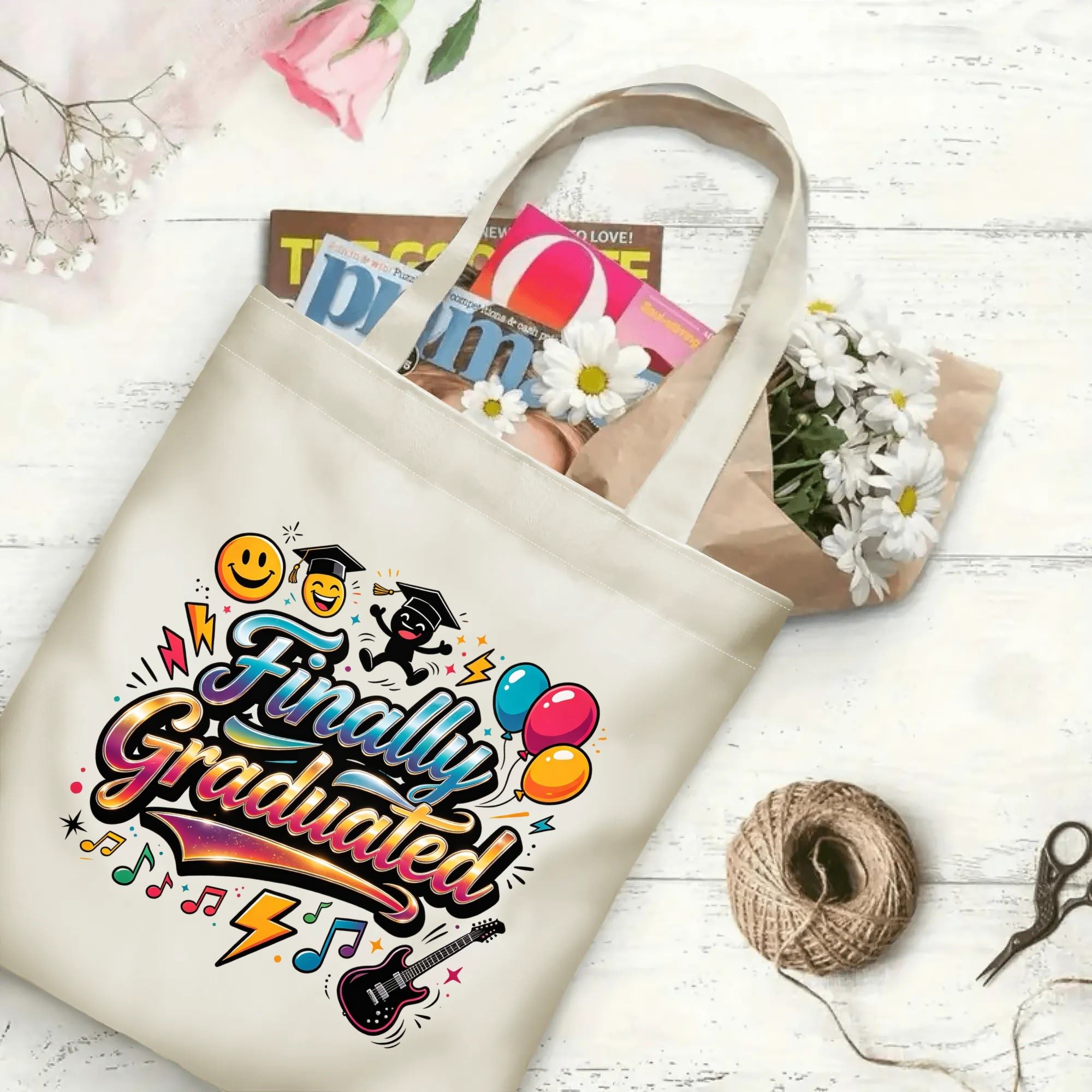 Natural canvas tote bag with a vibrant “Finally Graduated” graphic print, decorated with smileys, graduation caps, balloons, music notes, and a guitar, against a neutral background.