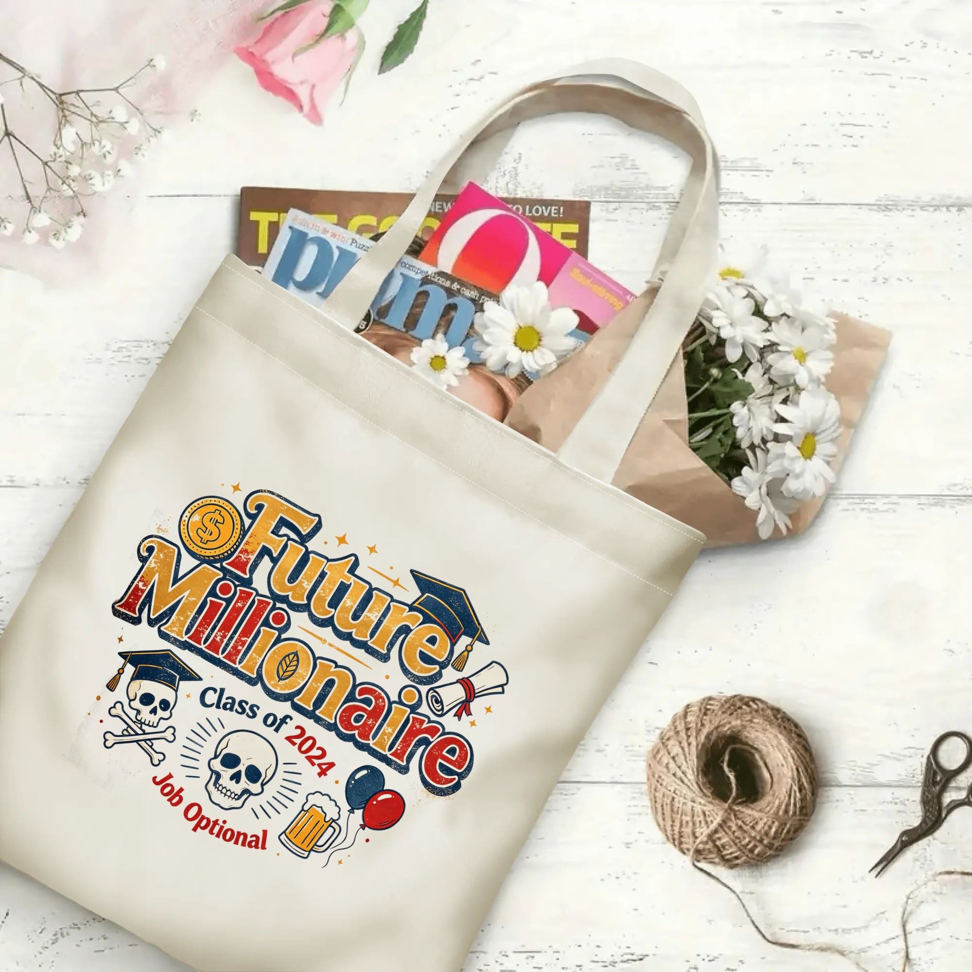 “Future Millionaire Class of 2024” vintage‑style canvas tote bag in use, holding books, flowers, and gifts.