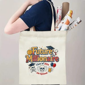Person carrying a “Future Millionaire Class of 2024” graduation tote bag over the shoulder, with rolled posters and graduation essentials.