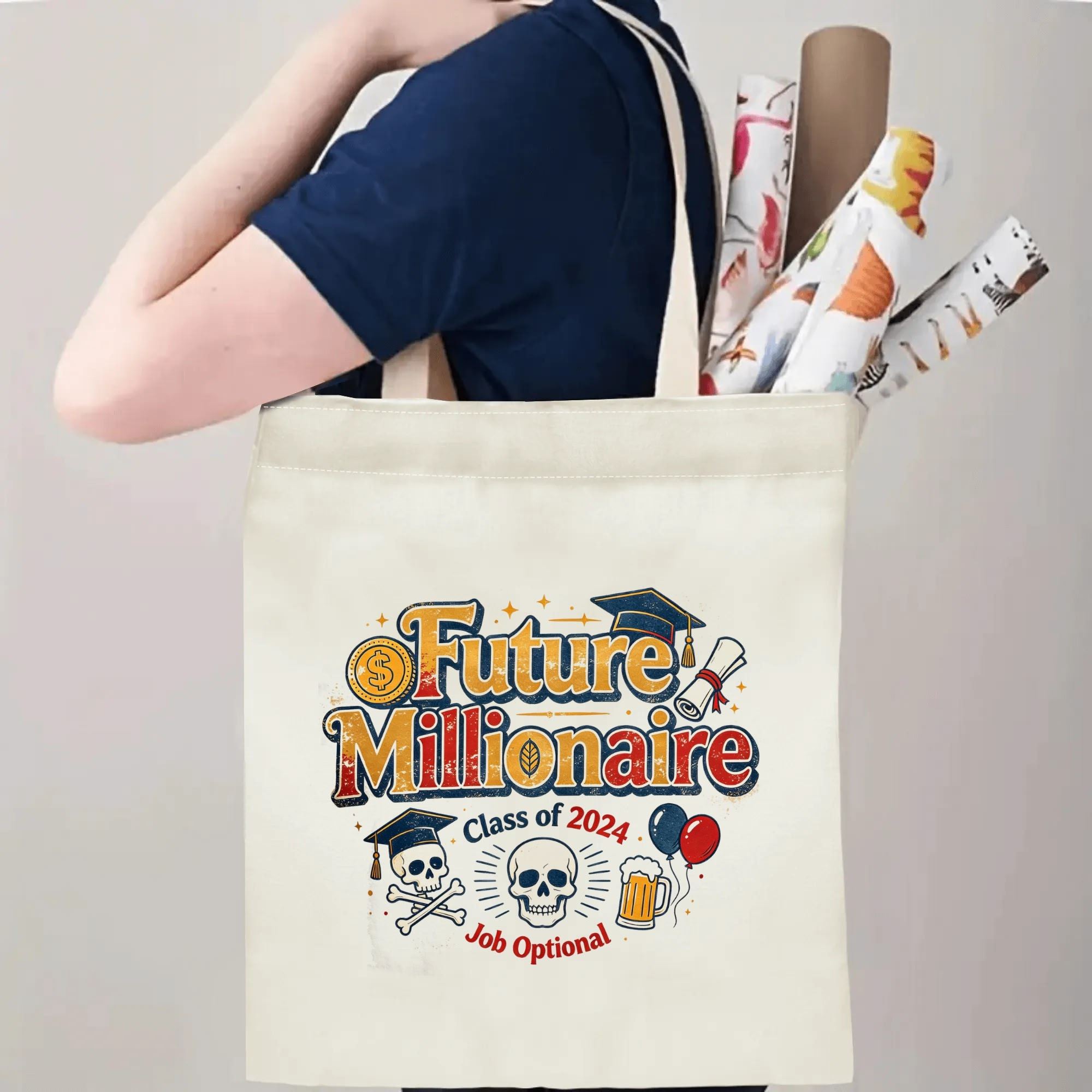 Person carrying a “Future Millionaire Class of 2024” graduation tote bag over the shoulder, with rolled posters and graduation essentials.