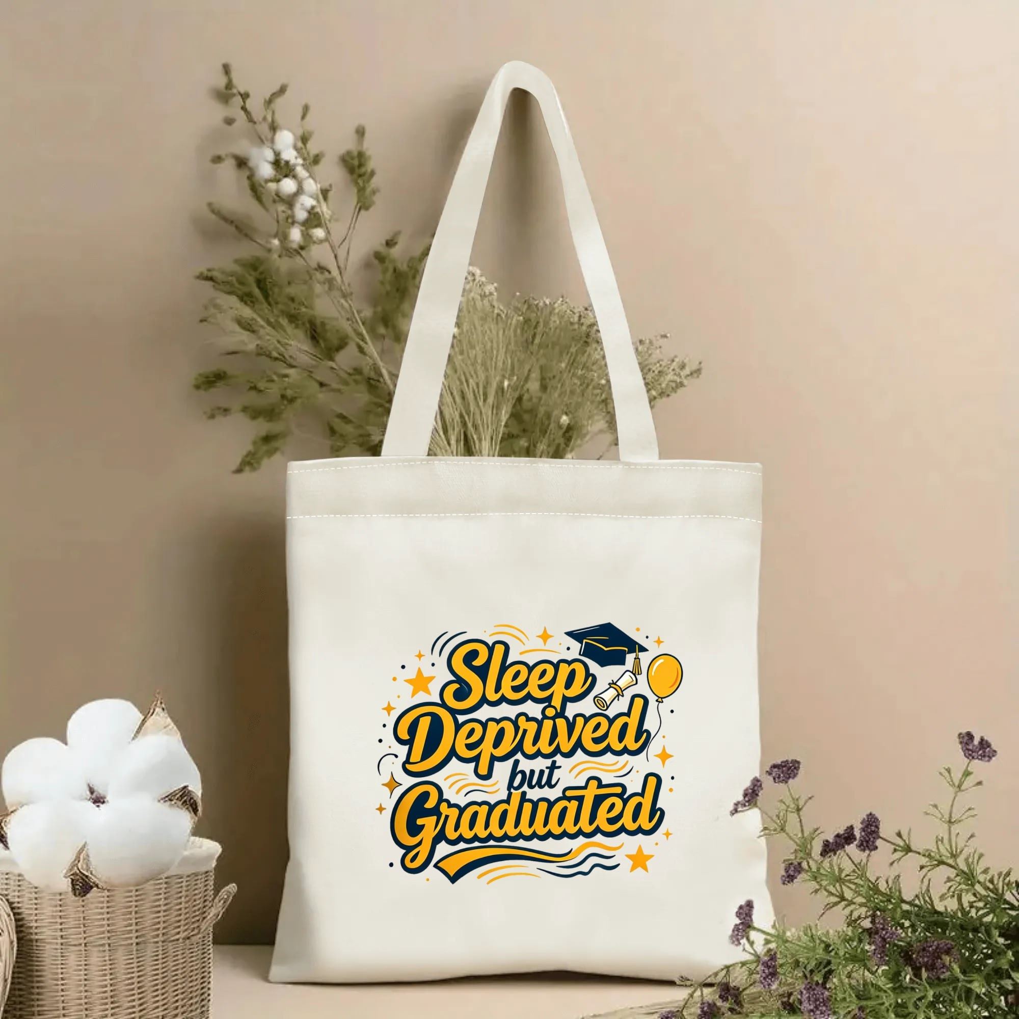 Natural canvas tote bag with “Sleep Deprived but Graduated” print, featuring a graduation cap, diploma, balloon, and star accents in a playful yellow and blue style.