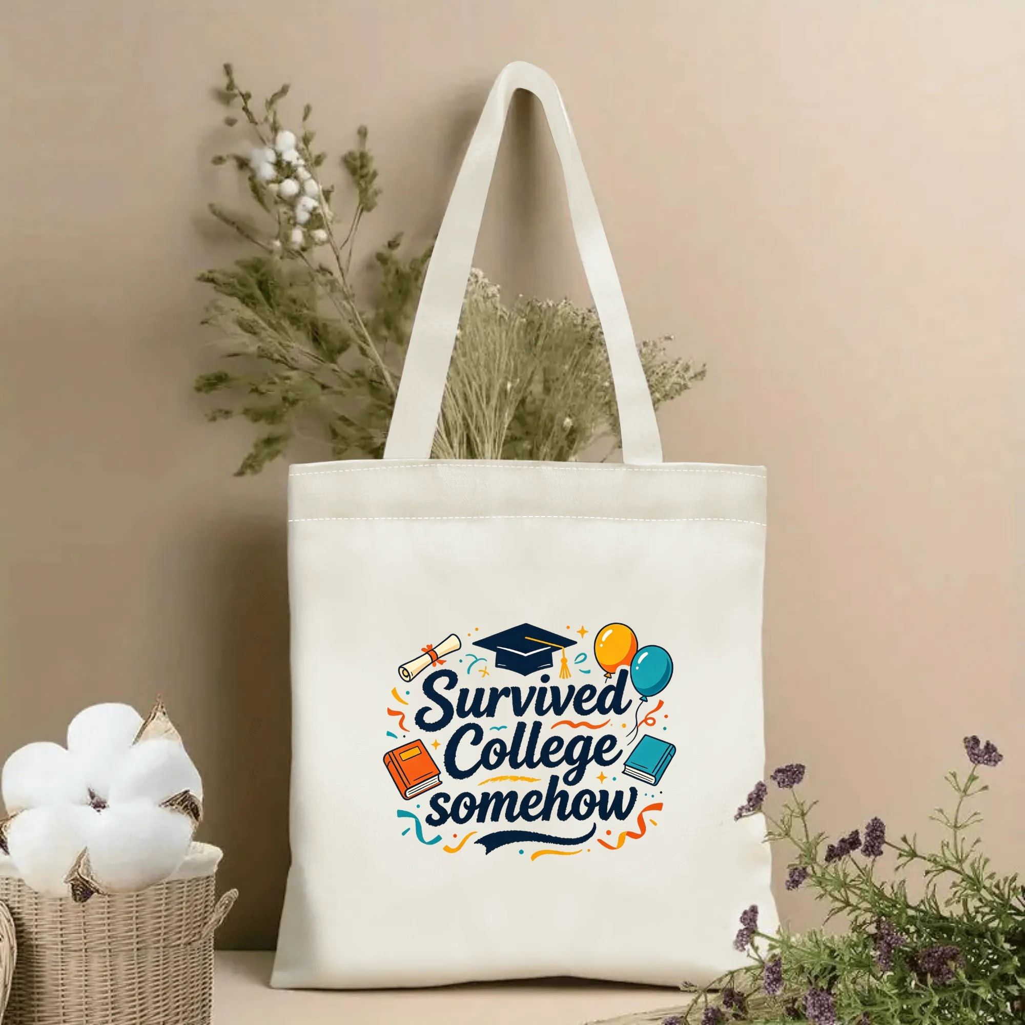 Natural canvas tote bag with “Survived College Somehow” print, featuring a graduation cap, diploma, books, balloons, and colorful confetti accents.