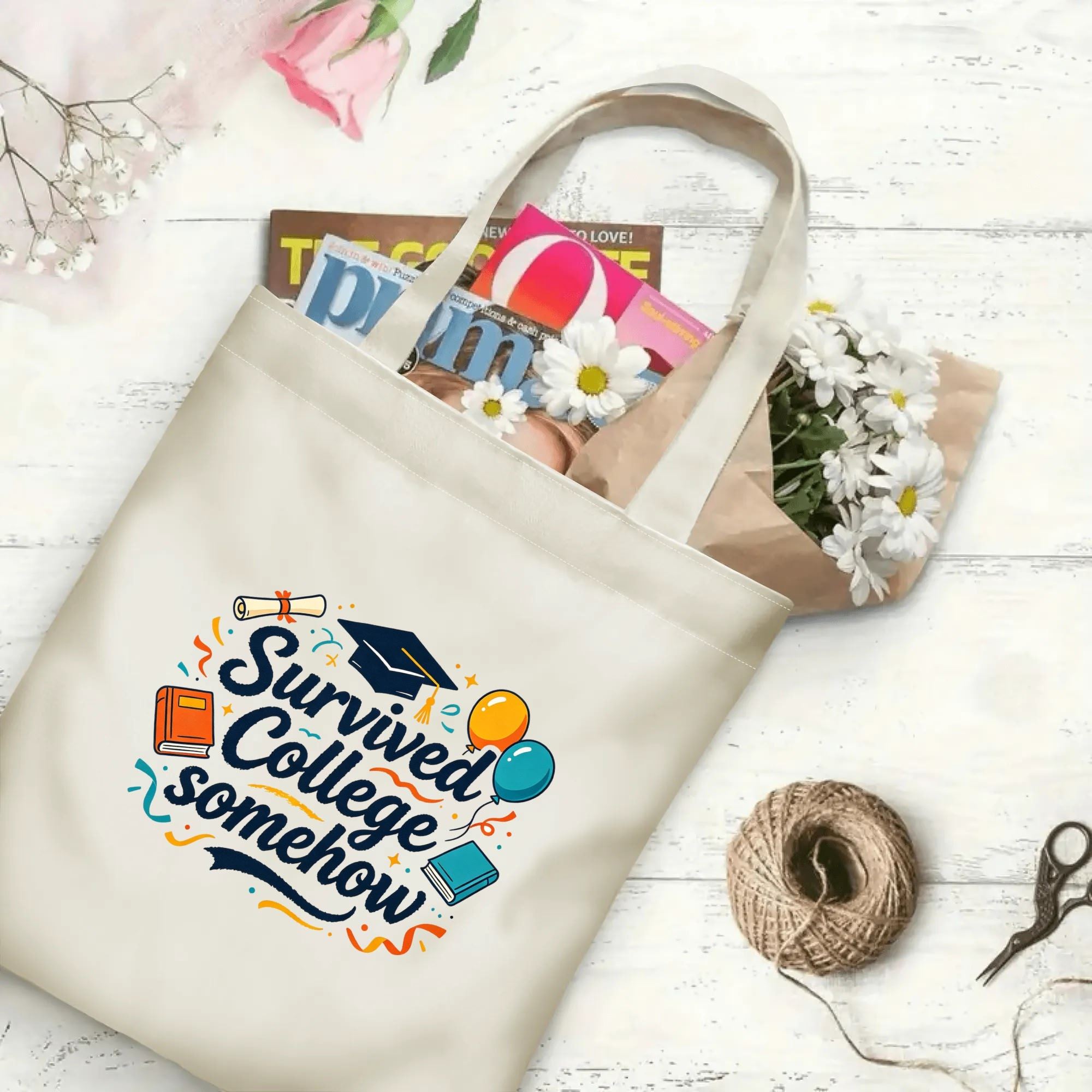 “Survived College Somehow” playful-style canvas tote bag in use, holding books, flowers, and gifts.