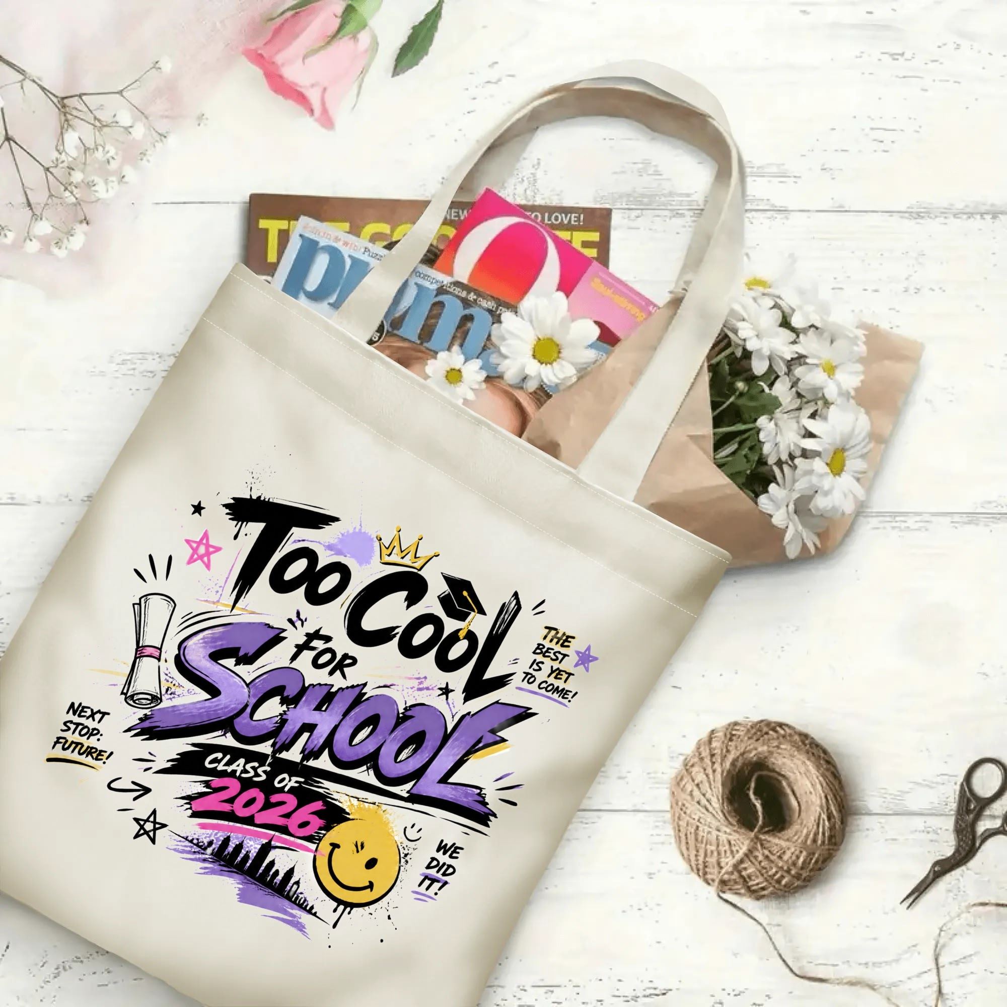 “Too Cool For School Class of 2026” streetwear-style canvas tote bag in use, holding books, flowers, and gifts.