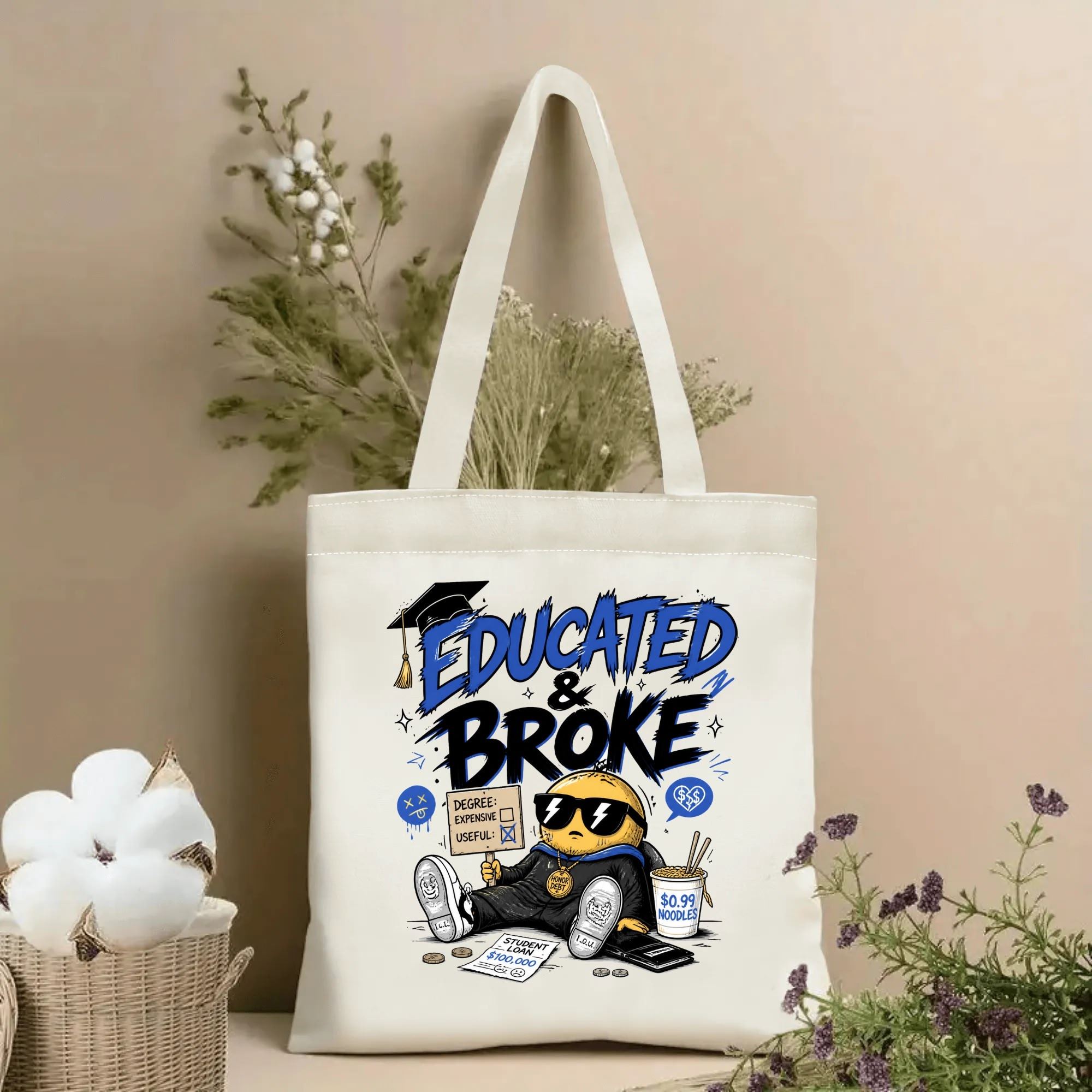 Natural canvas tote bag with “Educated & Broke” print, featuring a cool cartoon grad character, graduation cap, ramen noodles, and humorous details in blue, black, and yellow.