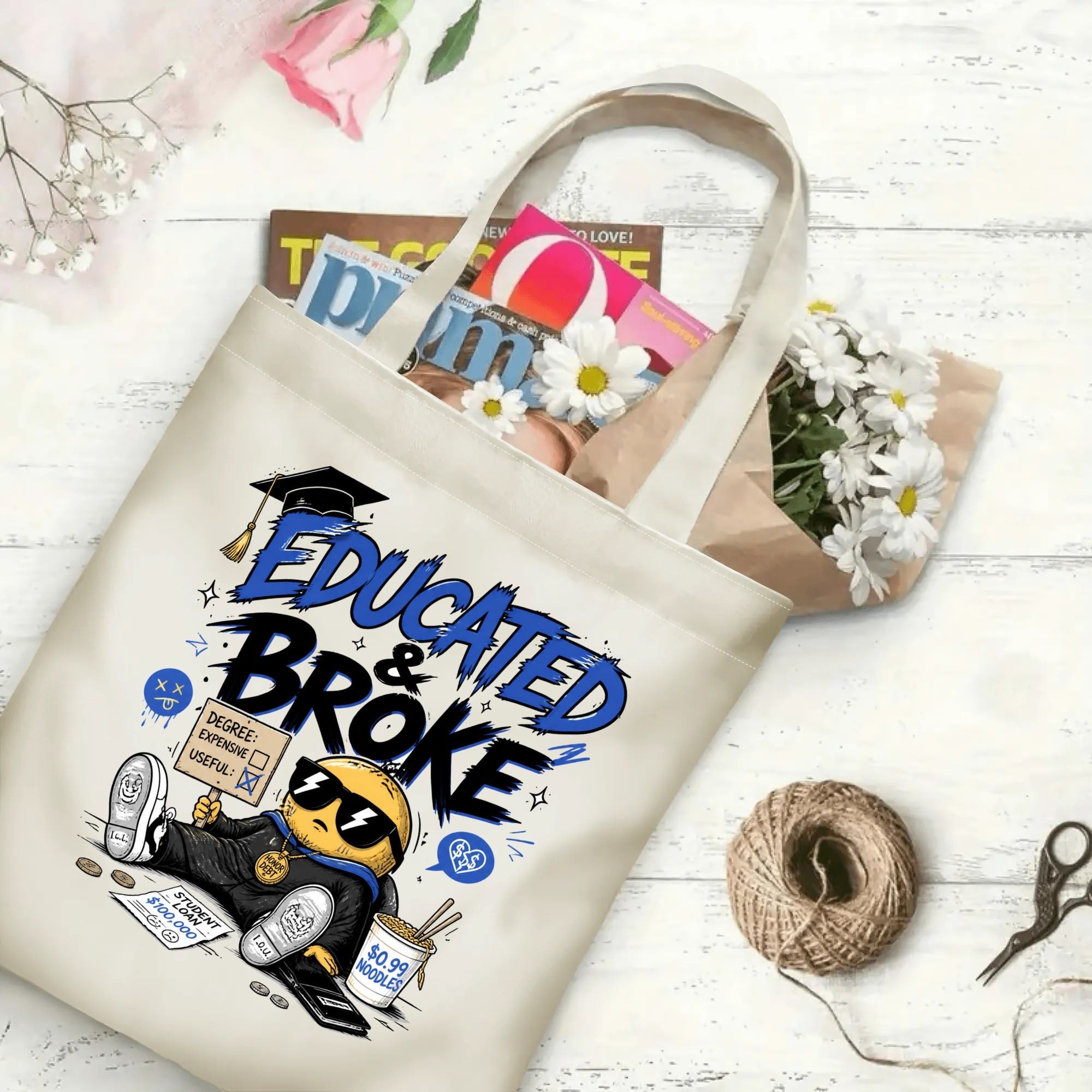 “Educated & Broke” funny cartoon-style canvas tote bag in use, holding books, flowers, and gifts.