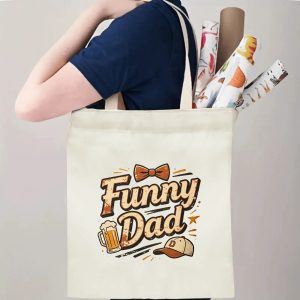 Person carrying a “Funny Dad” Father’s Day tote bag over the shoulder, ideal for casual dad outings and errands.