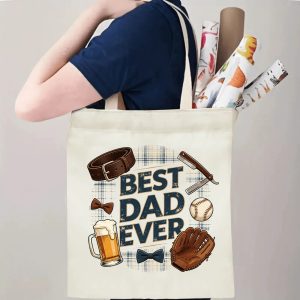 Person carrying a “Best Dad Ever” Father’s Day tote bag over the shoulder, perfect for everyday dad errands and outings.