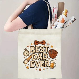 Person carrying a “Best Dad Ever” Father’s Day tote bag over the shoulder, perfect for sports-loving dads’ everyday errands and outings.