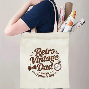 Person carrying a “Retro Vintage Dad” Father’s Day tote bag over the shoulder, perfect for classic dad outings and errands.