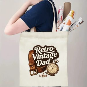 Person carrying a “Retro Vintage Dad” Father’s Day tote bag over the shoulder, perfect for classic dad outings and errands.