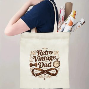 Person carrying a “Retro Vintage Dad” Father’s Day tote bag over the shoulder, perfect for classic dad outings and errands.