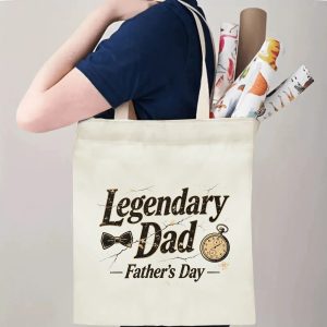 Person carrying a “Legendary Dad” Father’s Day tote bag over the shoulder, perfect for celebrating dad’s legendary status.