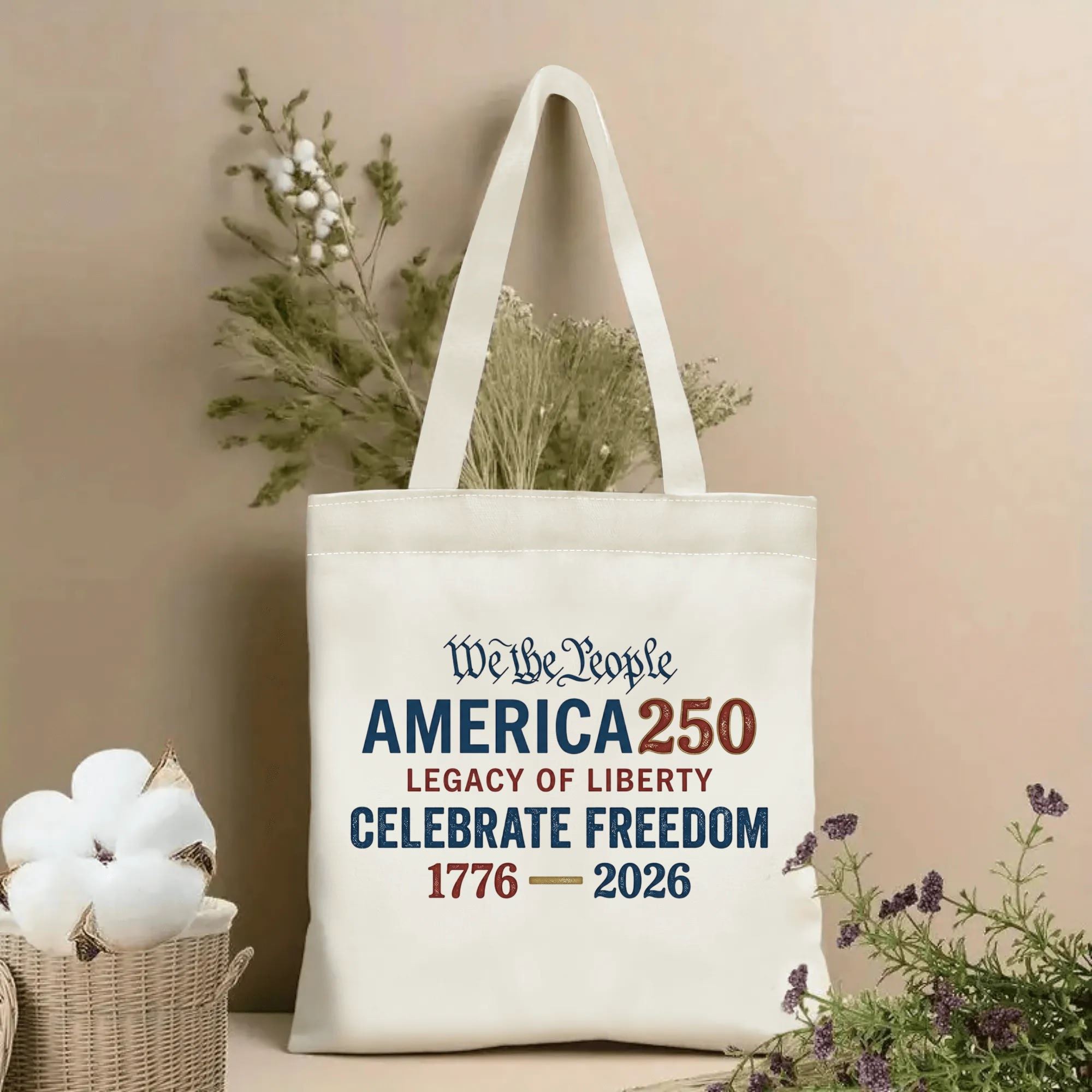 Natural canvas tote bag featuring the "We the People America 250 Legacy of Liberty 1776-2026" design, styled as a patriotic home decor piece.