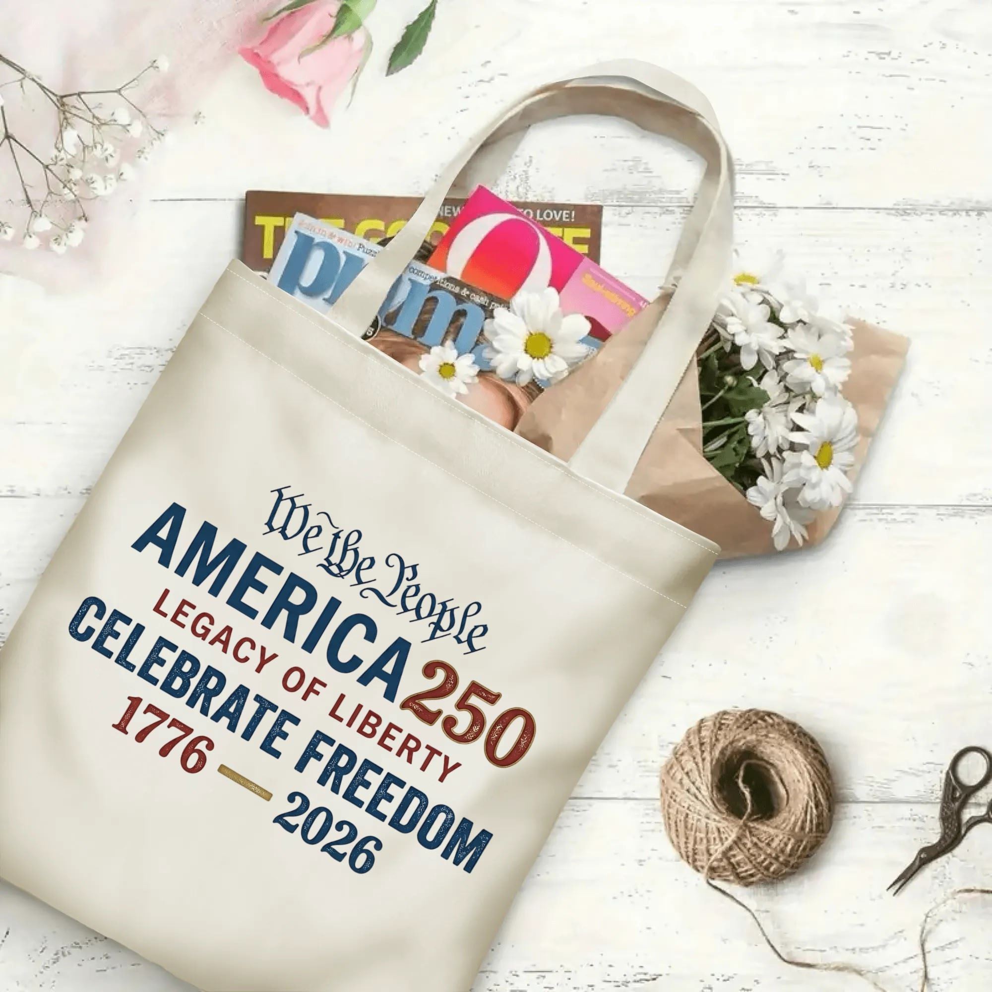 "America 250" canvas tote bag filled with books and flowers, showcasing its spacious design for everyday use and patriotic events.