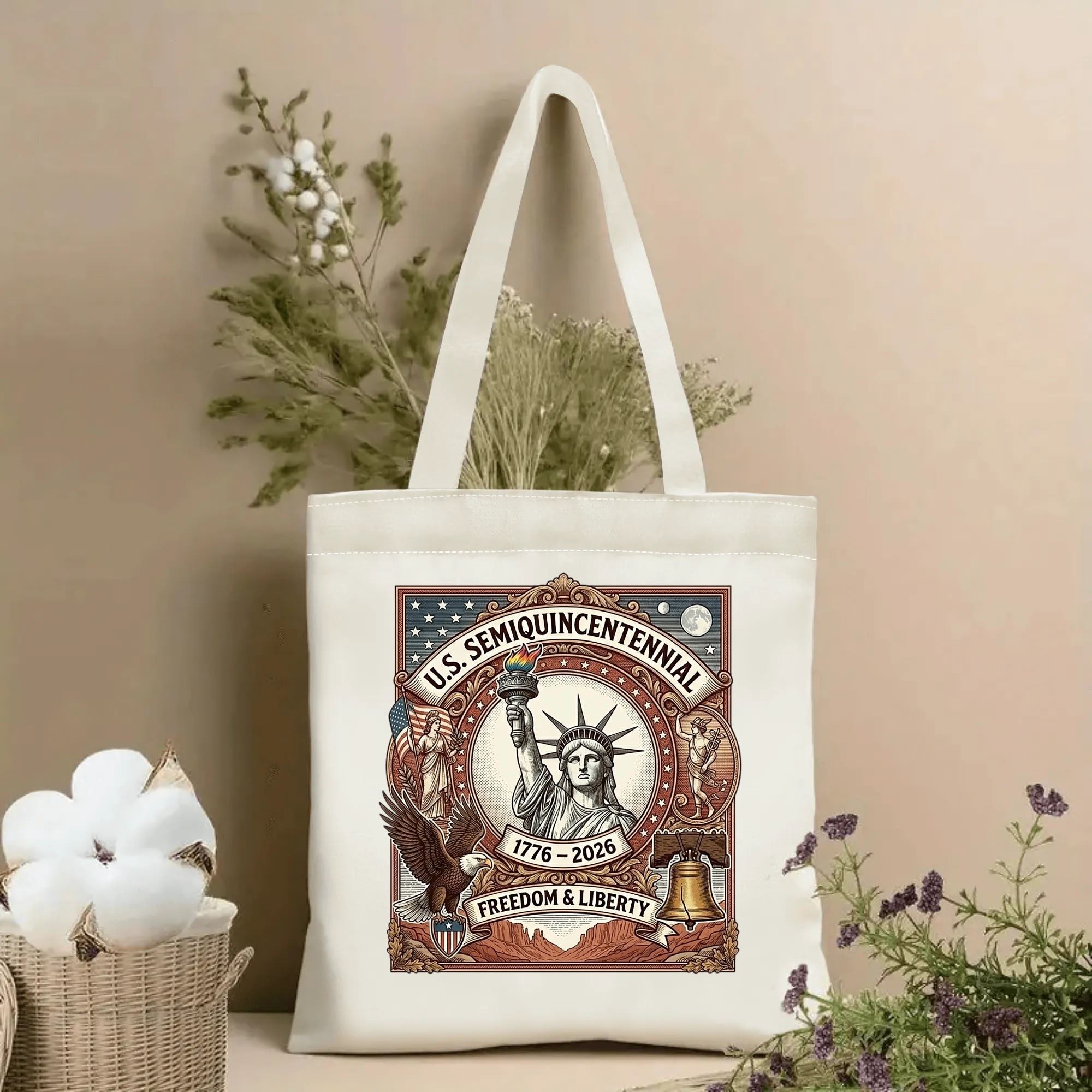 Off-white canvas tote bag with vintage retro US 250th anniversary print featuring Statue of Liberty, bald eagle, Liberty Bell and "1776-2026" slogan, placed beside dried floral decor.