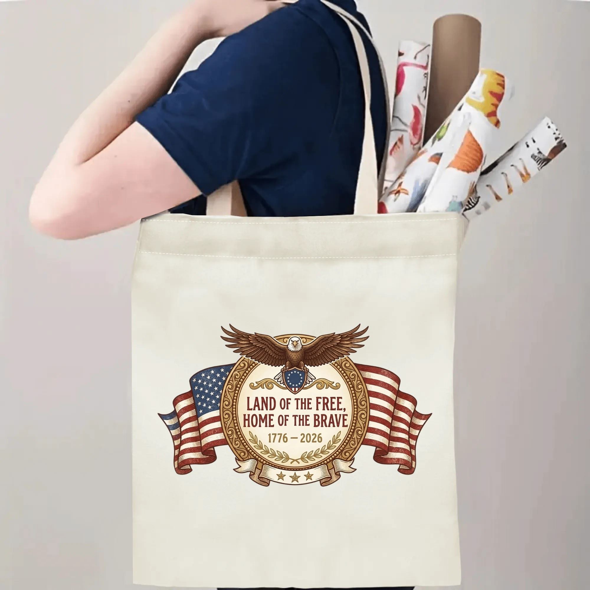 Human model shoulder carrying the retro USA 250th eagle canvas bag for daily commute display.