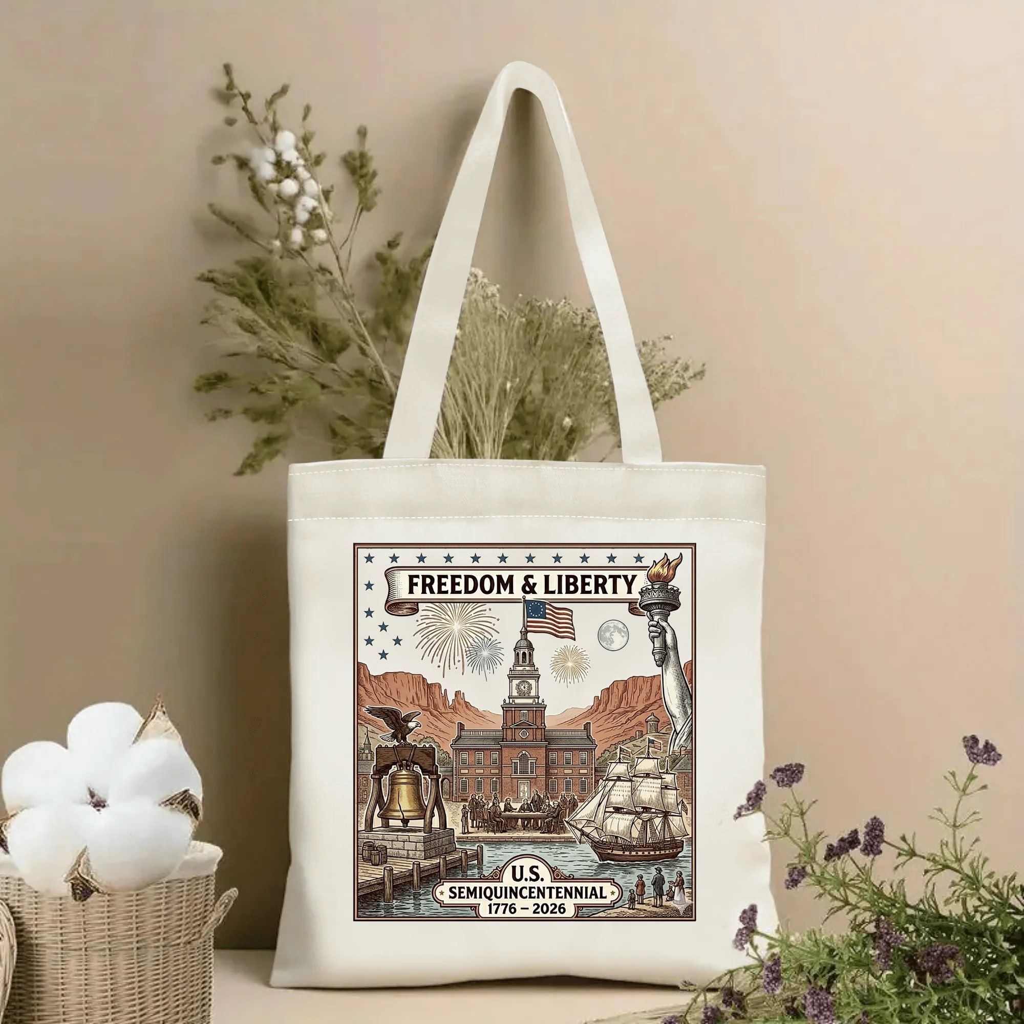 Natural beige canvas tote bag decorated with vintage US 250th anniversary full-scene print: Independence Hall, Liberty Bell, Statue of Liberty torch, bald eagle & sailing ship, marked “Freedom & Liberty 1776-2026”, displayed with dried floral decor.