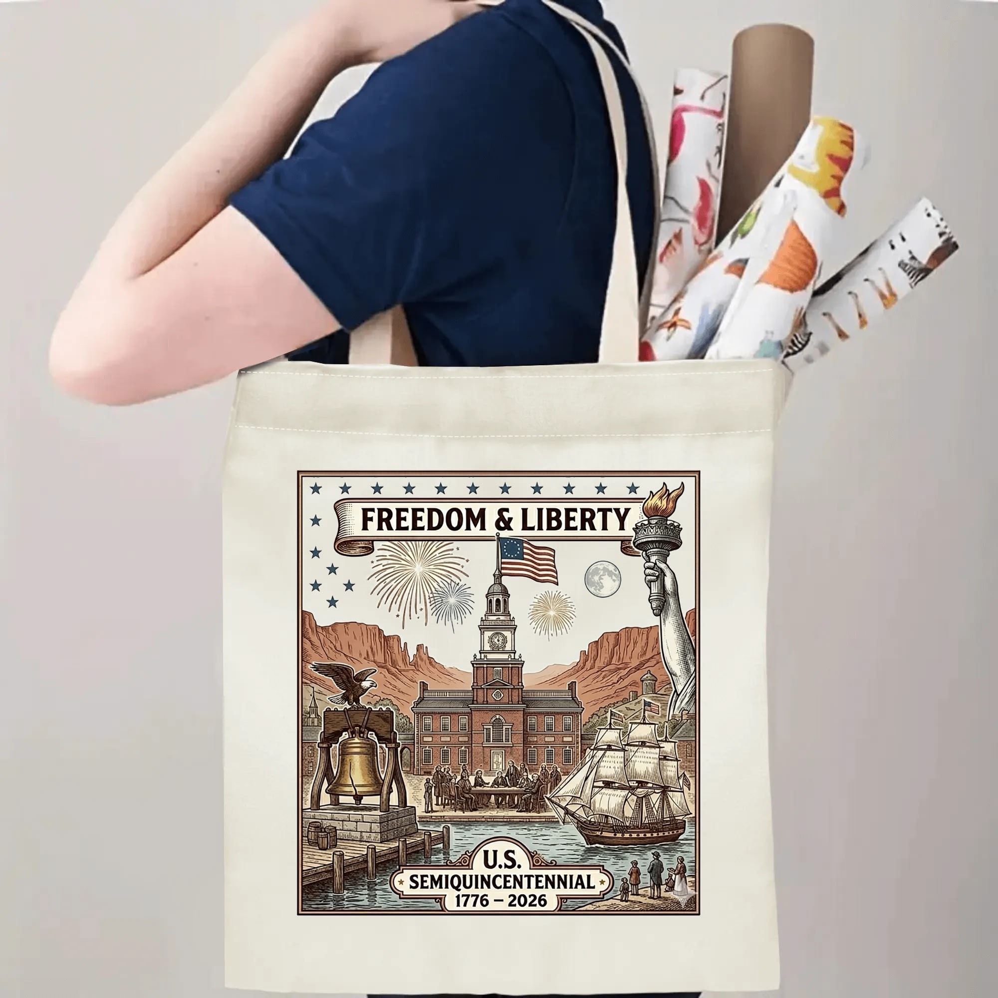Model carrying the vintage USA historical landmark canvas shoulder bag for daily commute real-wear presentation.
