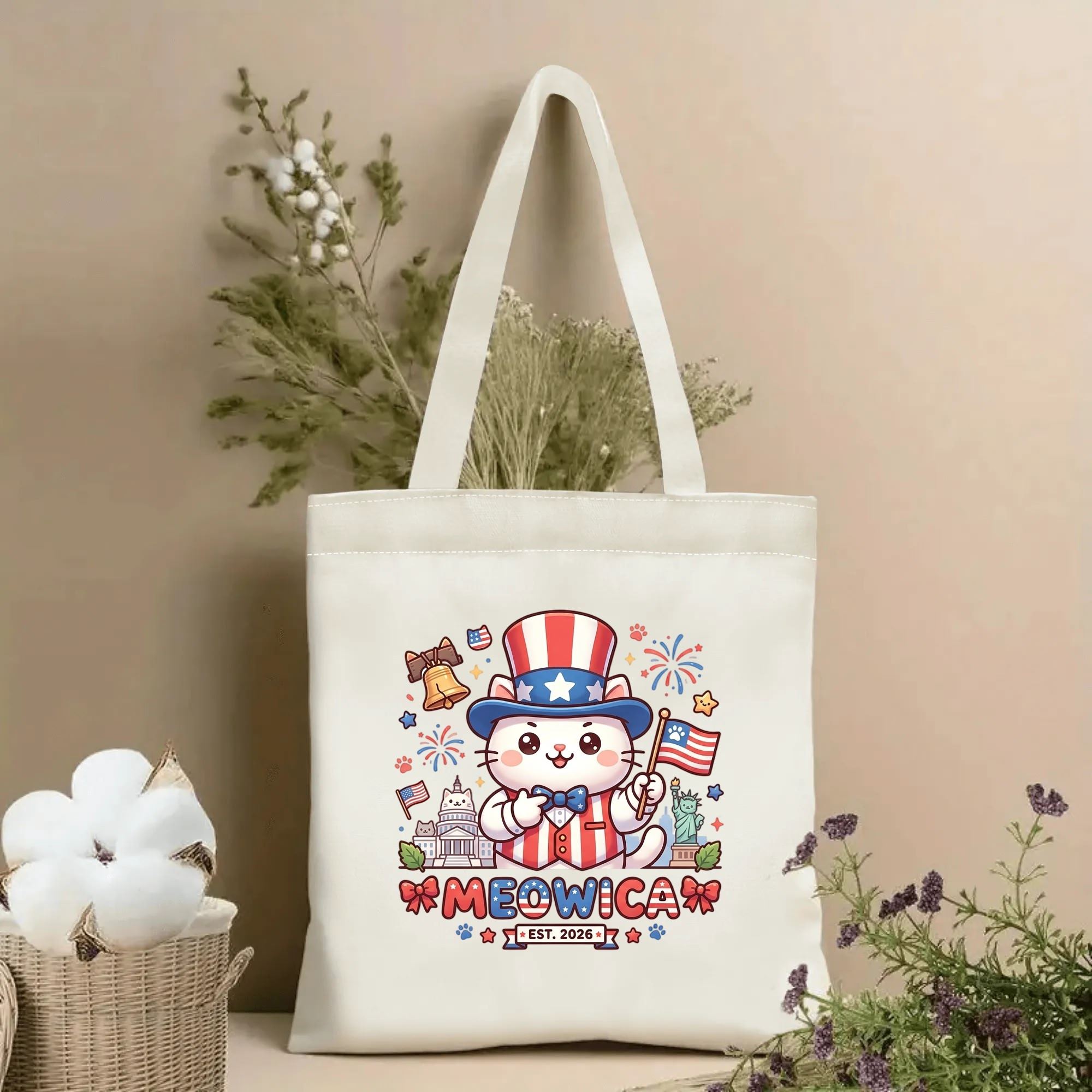 Beige canvas tote bag with cute cartoon patriotic cat “Meowica” print, Uncle Sam hat, US flag, Liberty Bell, Statue of Liberty & fireworks design, displayed beside dried floral decor.