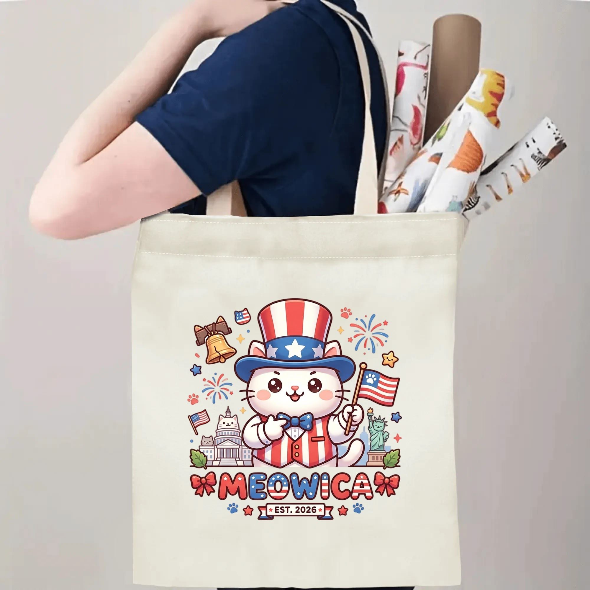 Model shoulder carrying the funny cartoon USA cat canvas bag for daily commute real wear effect.