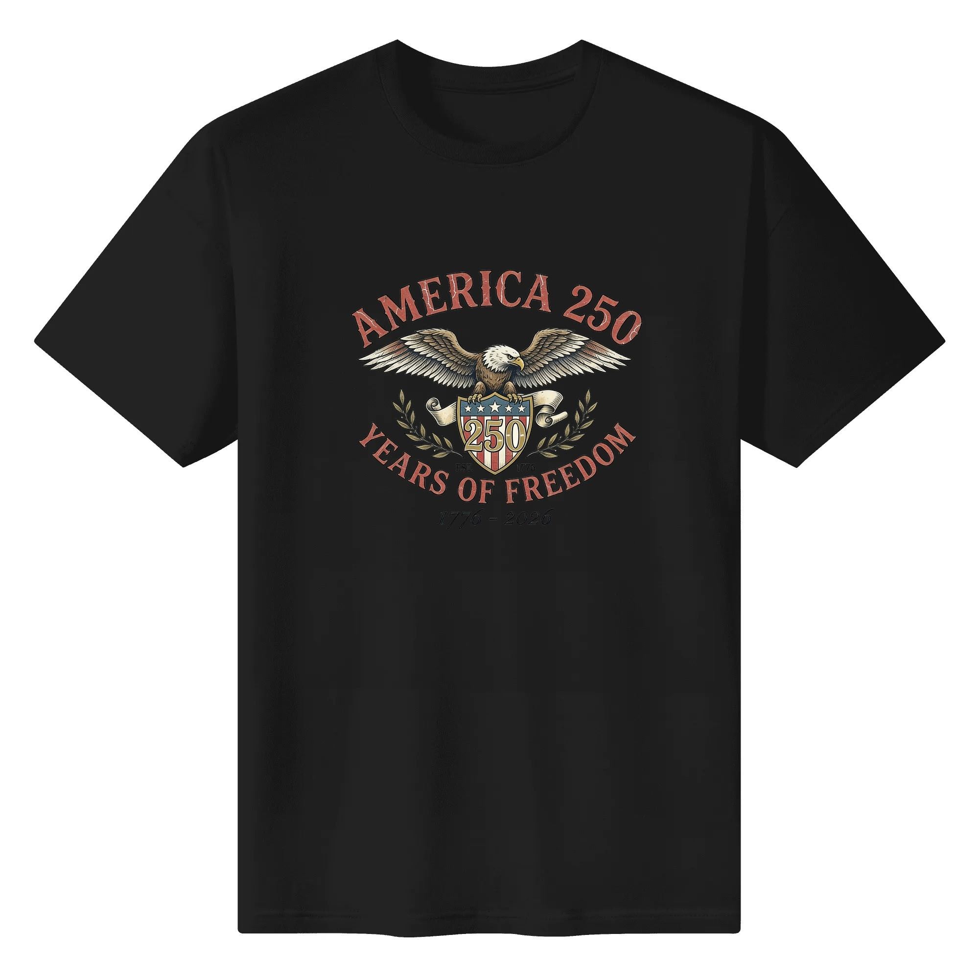 White unisex cotton short‑sleeve t‑shirt, front retro vintage patriotic print celebrating America’s 250th anniversary, featuring a soaring bald eagle, star‑spangled shield emblem, olive‑branch laurel accents, classic serif typography for “250 Years of Freedom” and 1776‑2026 founding dates, dignified patriotic commemorative tee flat lay