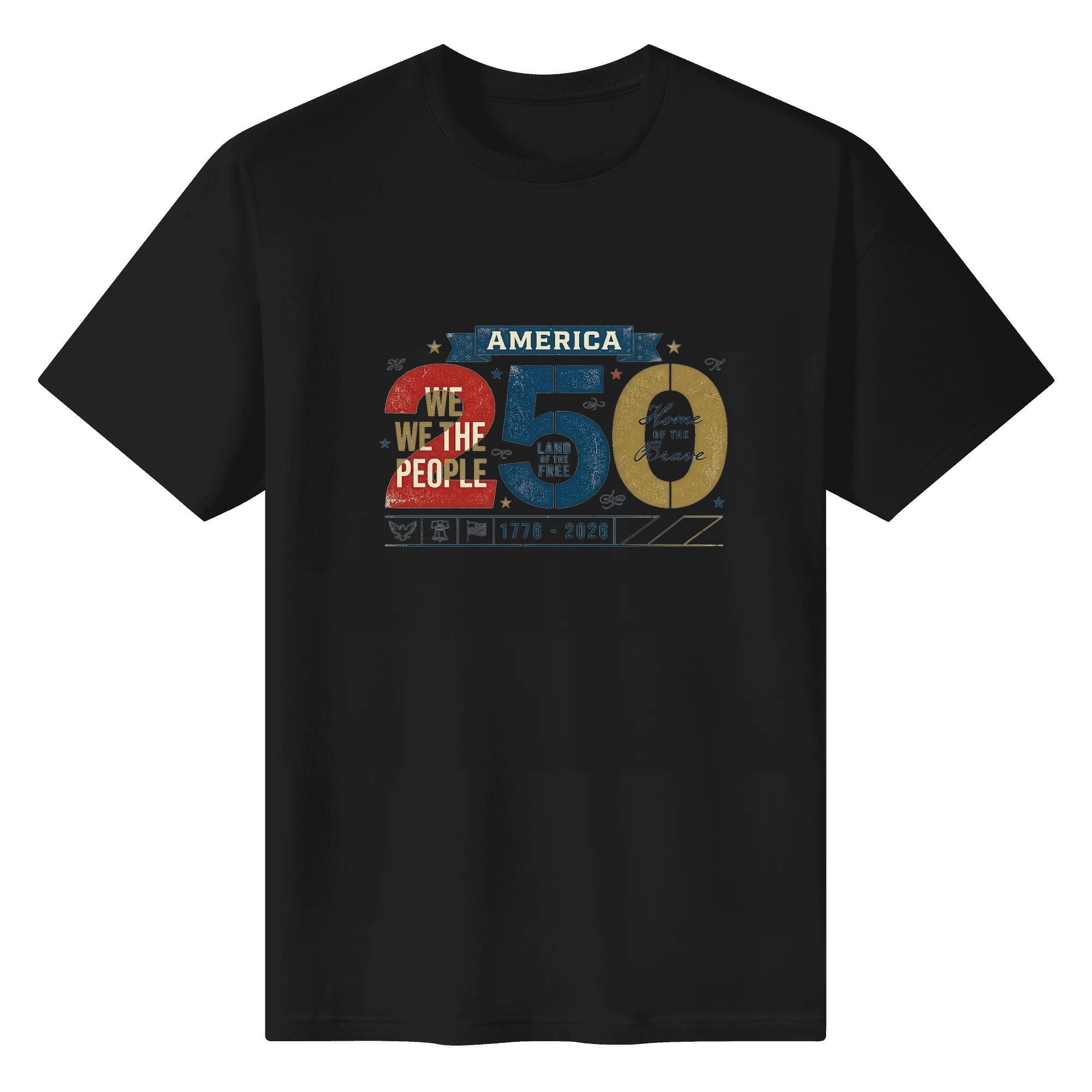 White unisex cotton short‑sleeve t‑shirt, front vintage grunge patriotic print celebrating America’s 250th anniversary, featuring big red‑blue‑gold “250” typography with core American mottos, star accents, top banner and bottom founding‑year bar with tiny patriotic symbols, distressed retro texture, meaningful USA 250th anniversary tee flat lay
