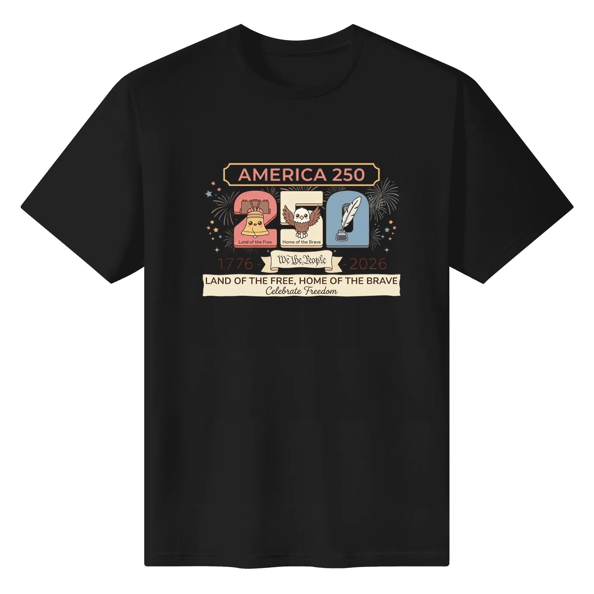 Black unisex cotton short‑sleeve t‑shirt, front eye‑catching soft‑toned cartoon patriotic print with liberty bell‑eagle‑quill 250 design, national slogans and star‑firework elements, lovely casual USA 250th anniversary tee flat lay