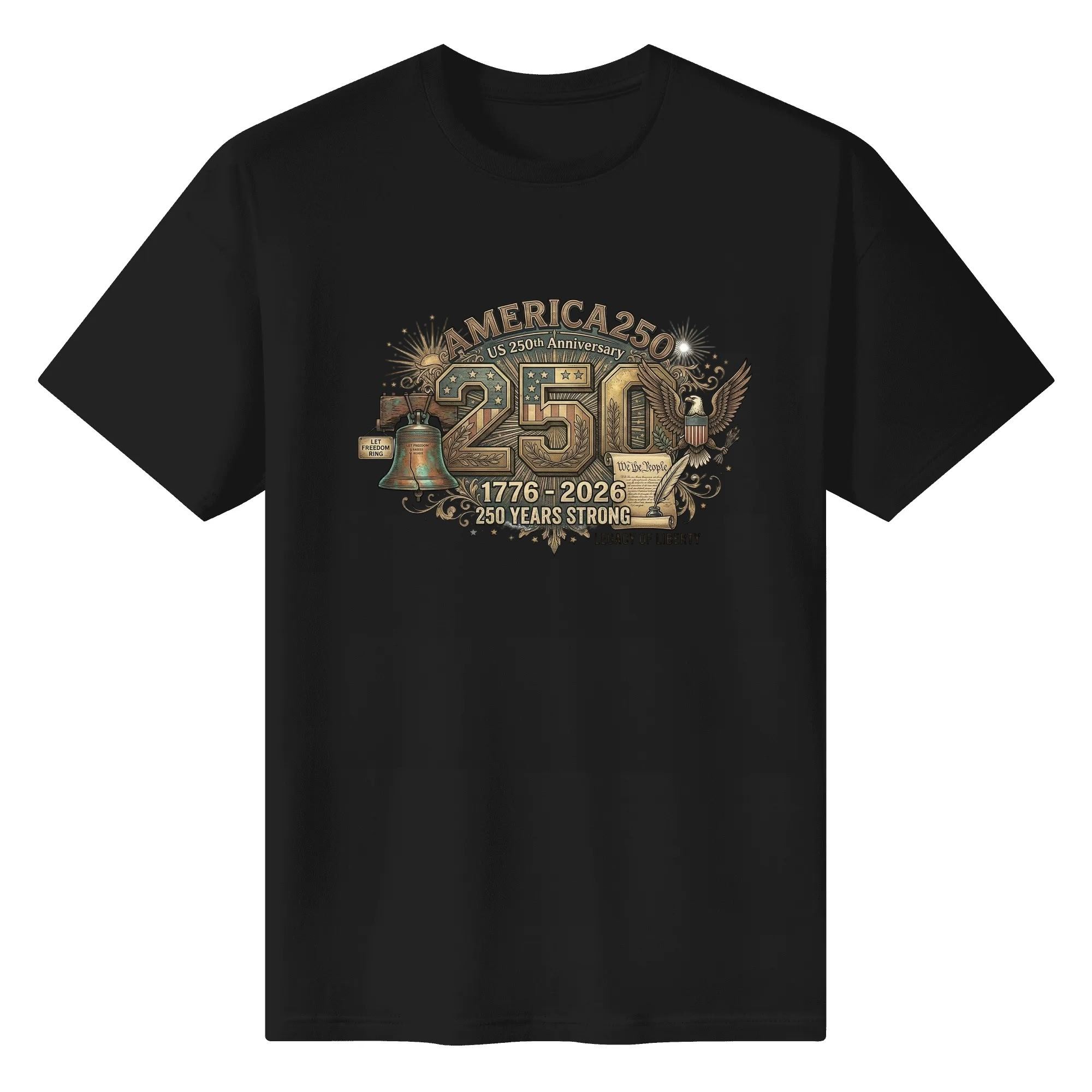Black unisex cotton short‑sleeve t‑shirt, front striking ornate vintage patriotic print with brass‑toned liberty bell‑eagle‑scroll 250 design, classic American anniversary slogans and decorative flourishes, premium bold USA 250th anniversary casual tee flat lay
