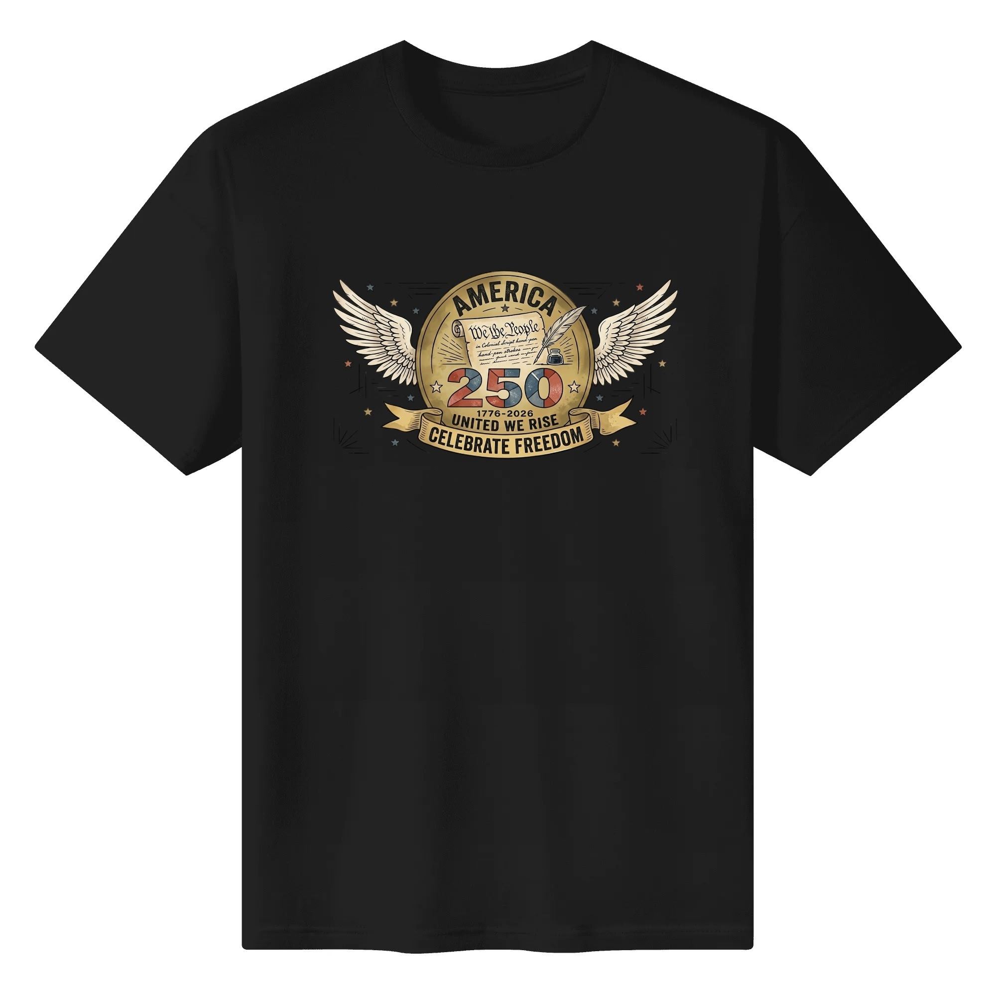 Black unisex cotton short‑sleeve t‑shirt, front striking vintage winged‑seal patriotic print with golden medal graphic, eagle wings, founding‑document elements and freedom‑themed slogans, bold casual USA 250th anniversary tee flat lay